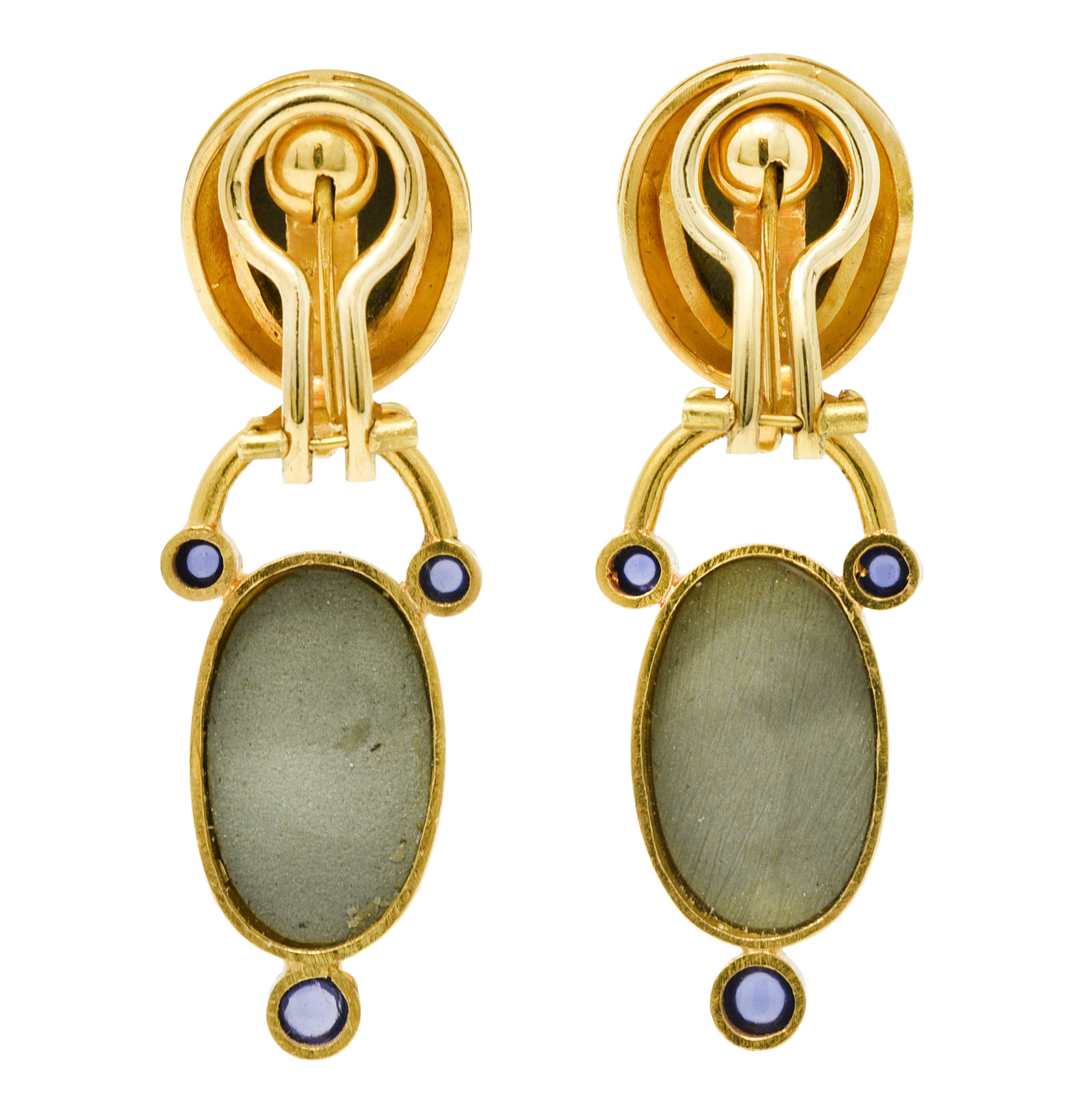 Elizabeth Locke Carved Hardstone Iolite 18 Karat Gold Cameo Drop EarringsEarrings - Wilson's Estate Jewelry