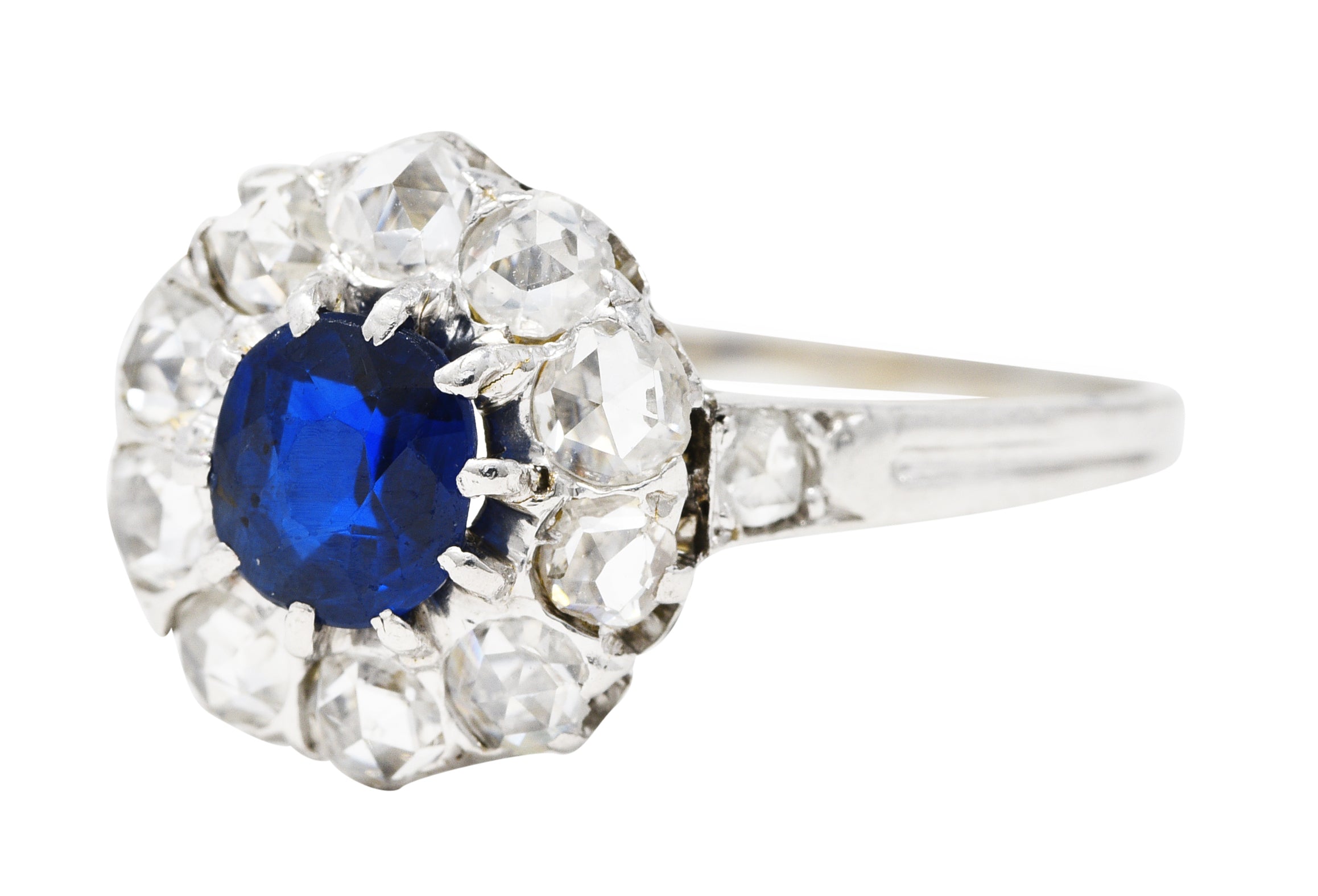 1910 Edwardian 1.15 CTW Sapphire Rose Cut Diamond Platinum 18 Karat Gold Antique Cluster Ring Wilson's Estate Jewelry