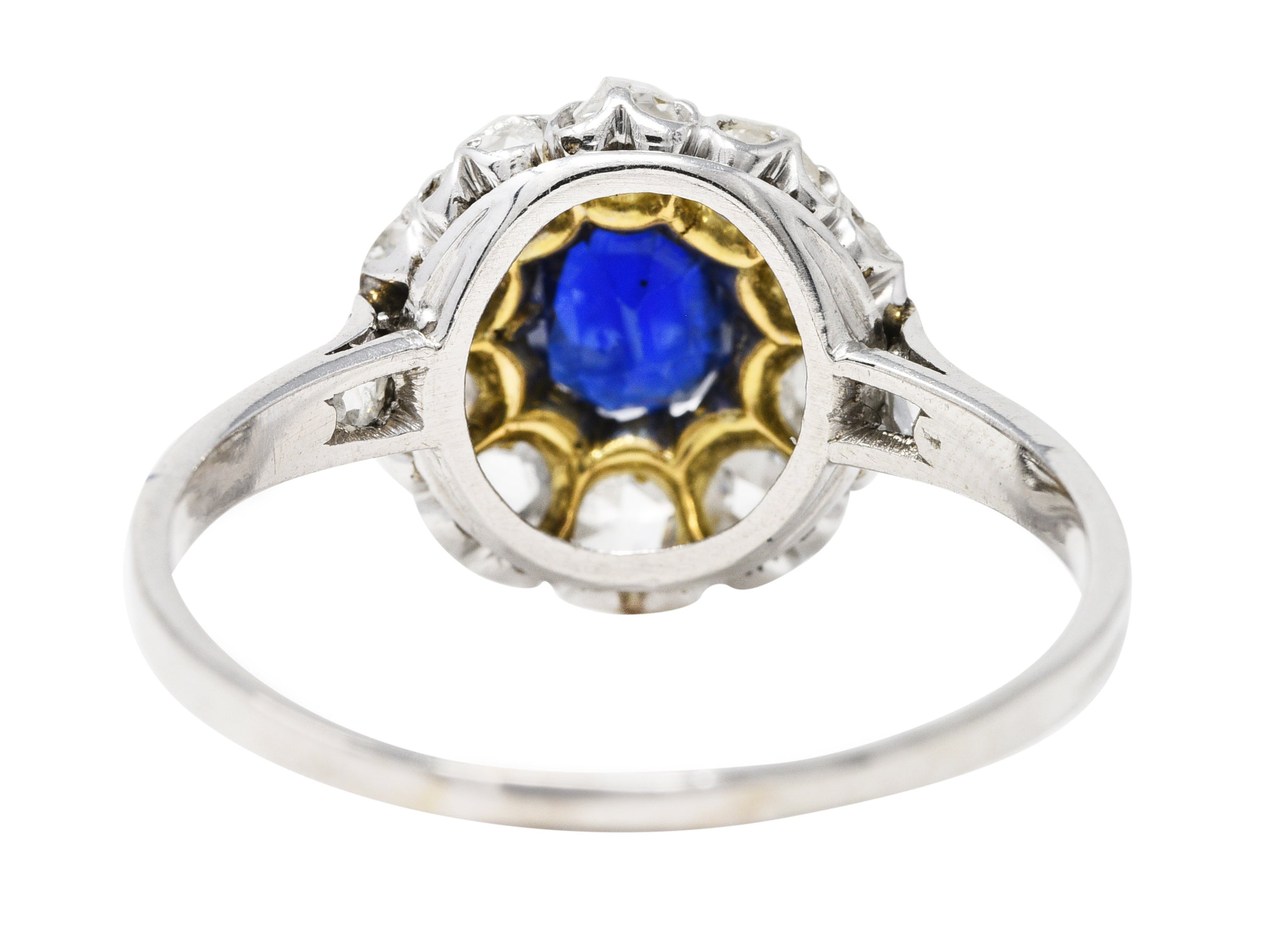 1910 Edwardian 1.15 CTW Sapphire Rose Cut Diamond Platinum 18 Karat Gold Antique Cluster Ring Wilson's Estate Jewelry