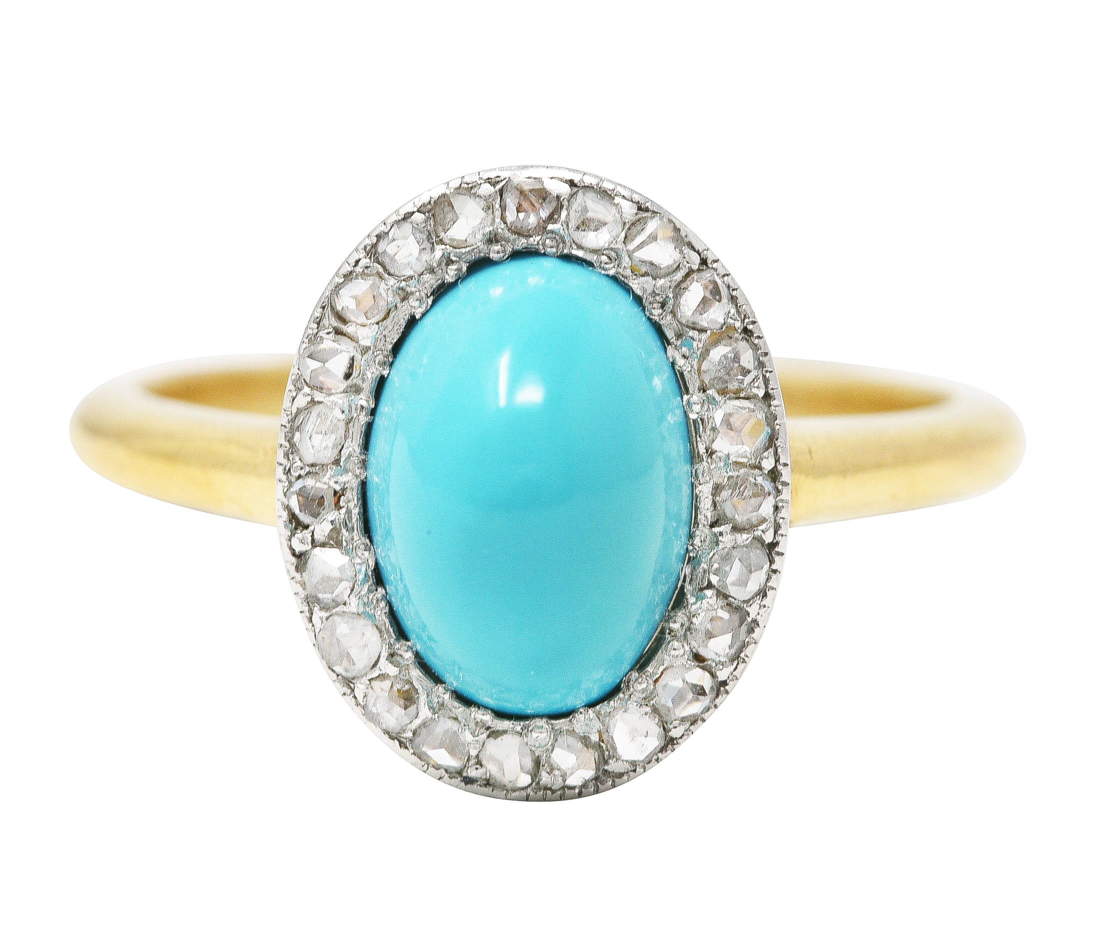 Edwardian Turquoise Cabochon Diamond Platinum-Topped 18 Karat Yellow Gold Antique Halo Ring Wilson's Estate Jewelry