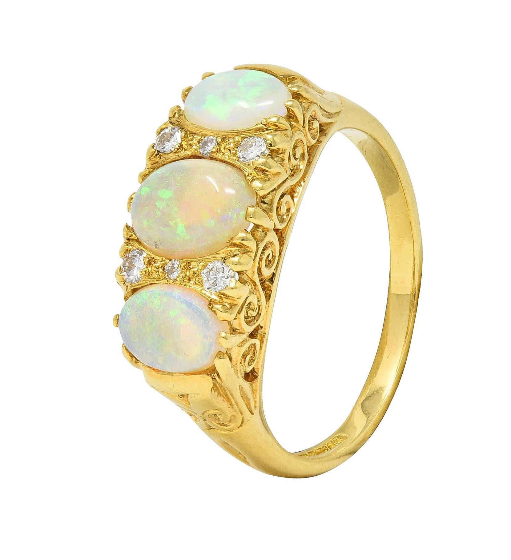 Vintage 1998 Opal Diamond 18 Karat Gold Scrolling Three Stone Ring