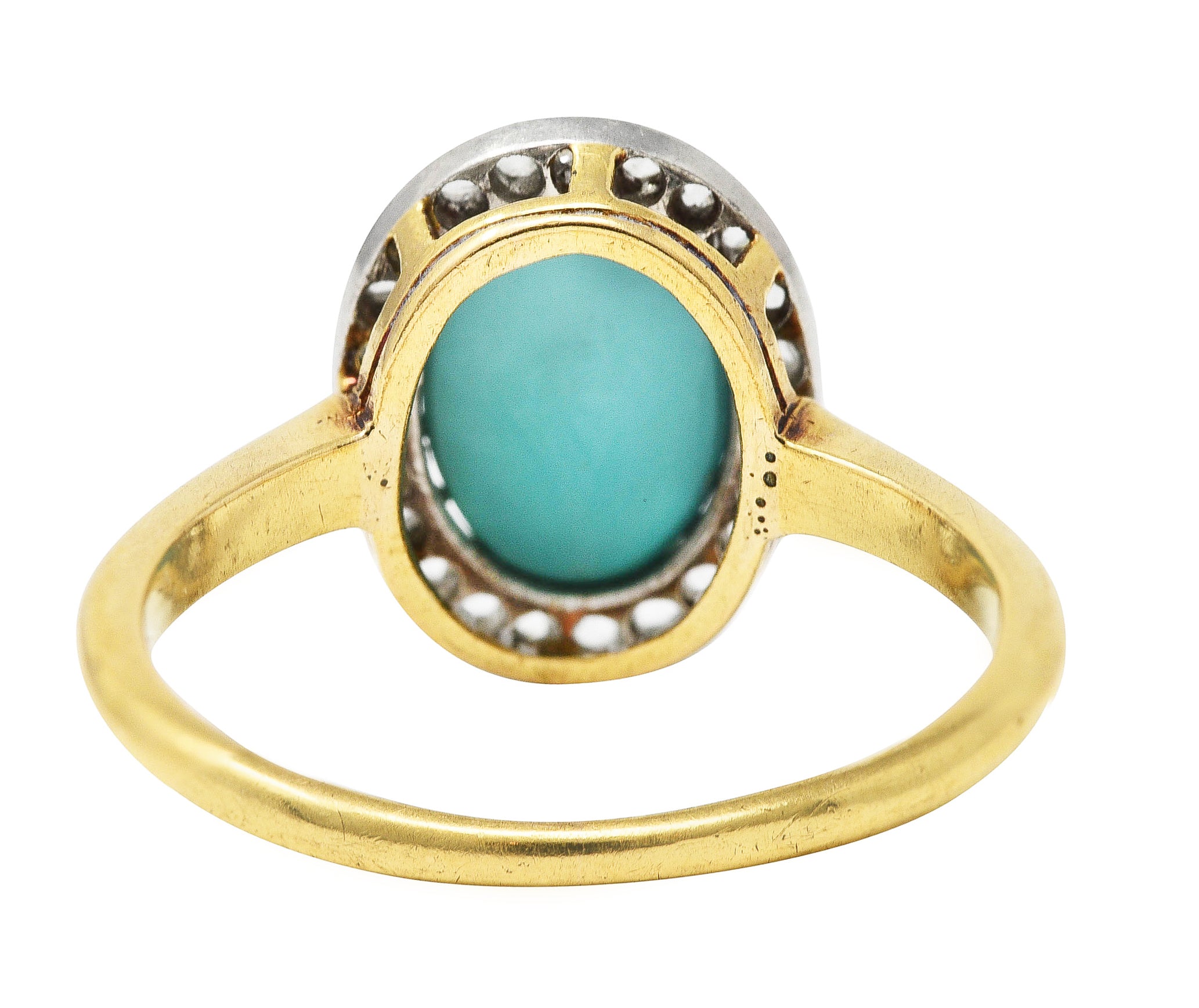 Edwardian Turquoise Cabochon Diamond Platinum-Topped 18 Karat Yellow Gold Antique Halo Ring Wilson's Estate Jewelry