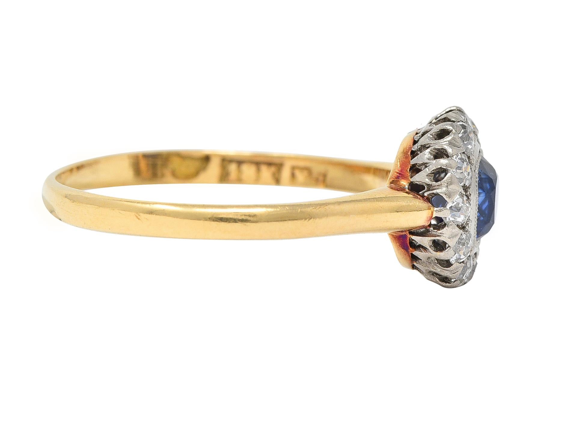 Edwardian 0.83 Sapphire Diamond 18 Karat Yellow Gold Platinum Antique Halo Ring