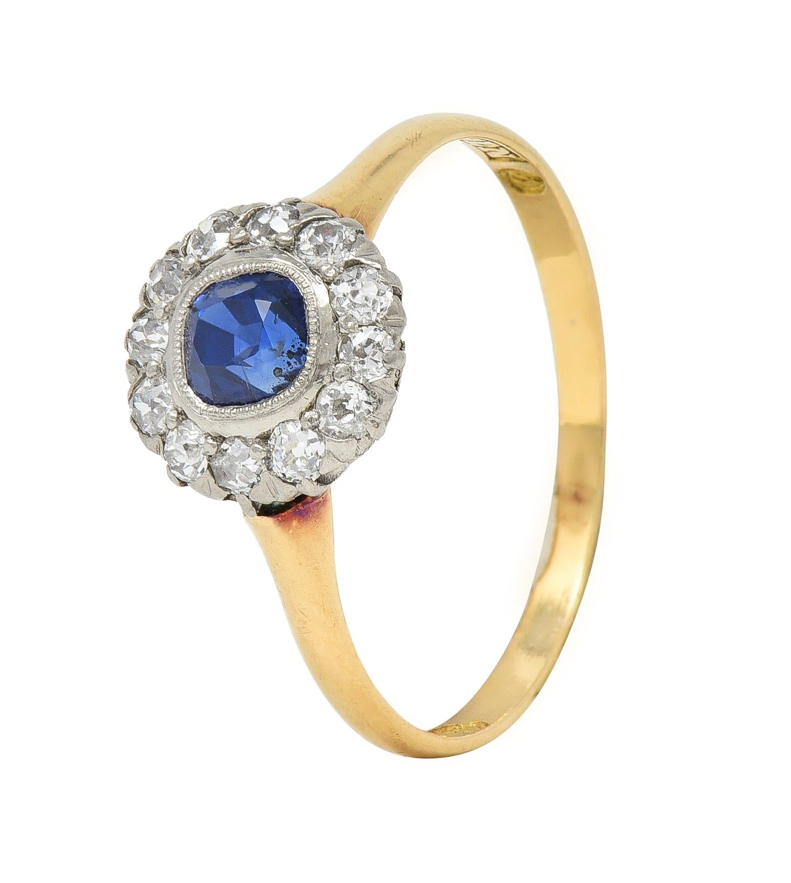 Edwardian 0.83 Sapphire Diamond 18 Karat Yellow Gold Platinum Antique Halo Ring