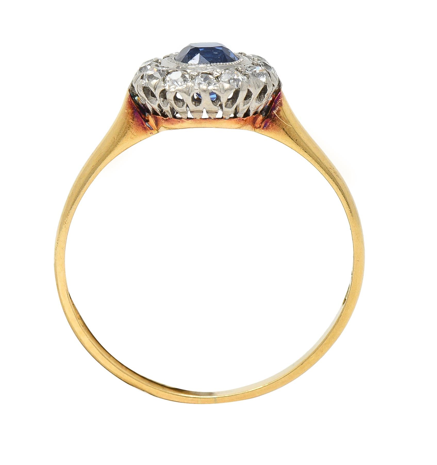 Edwardian 0.83 Sapphire Diamond 18 Karat Yellow Gold Platinum Antique Halo Ring