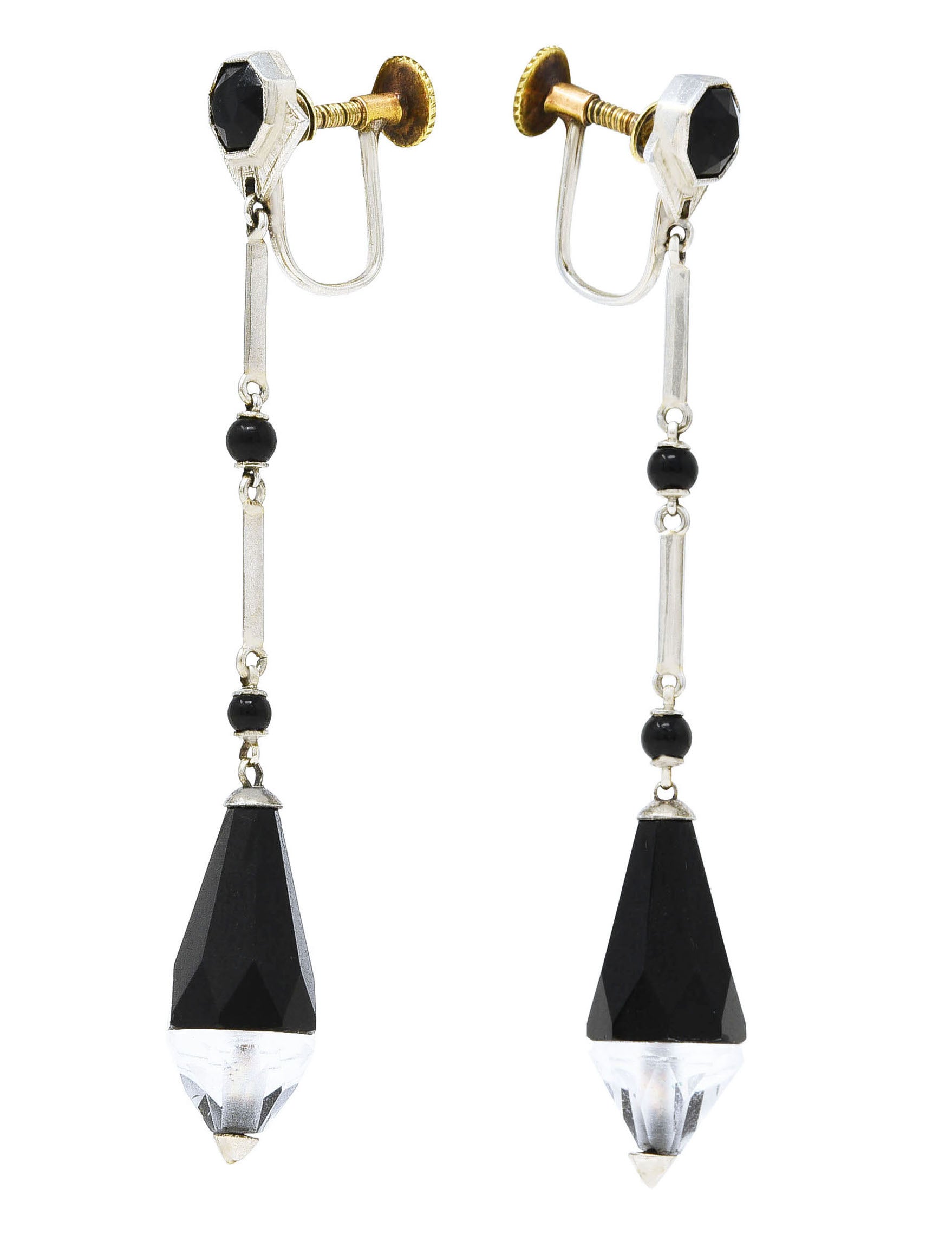 Day Clark & Co. Art Deco Onyx Rock Crystal Quartz 18 Karat White Gold Screwback Drop Earrings Wilson's Estate Jewelry