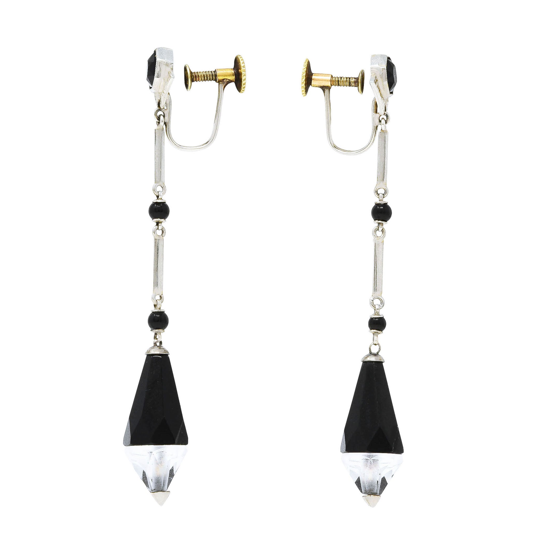 Day Clark & Co. Art Deco Onyx Rock Crystal Quartz 18 Karat White Gold Screwback Drop Earrings Wilson's Estate Jewelry