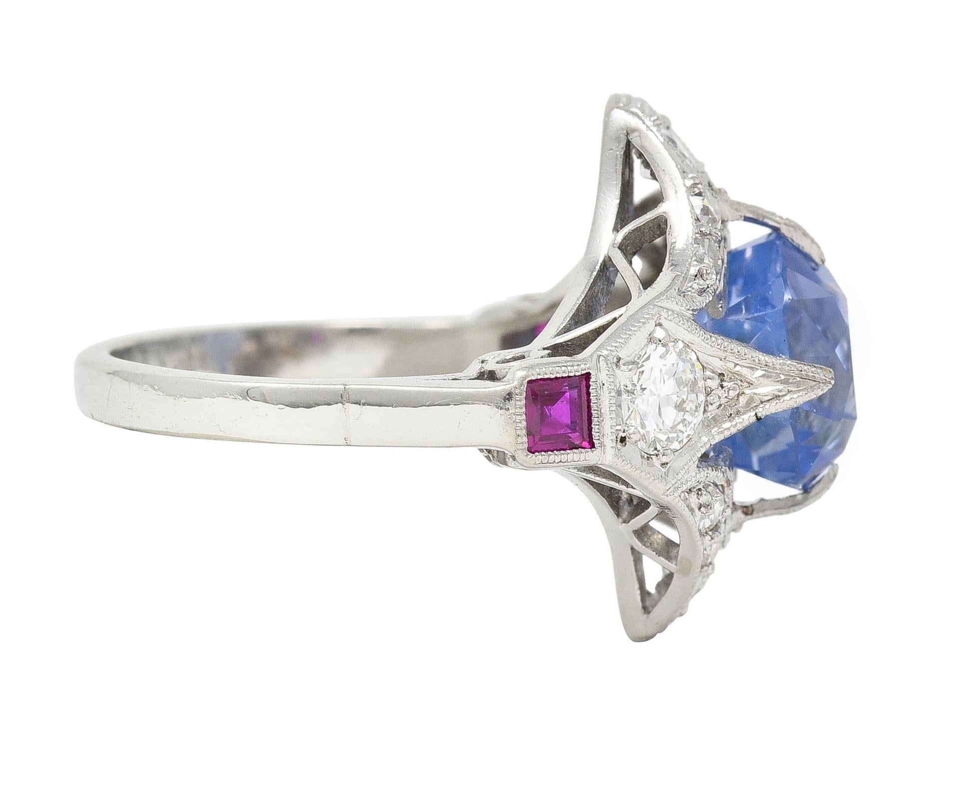 Art Deco 7.92 CTW No Heat Ceylon Sapphire Diamond Ruby Platinum Ring GIA