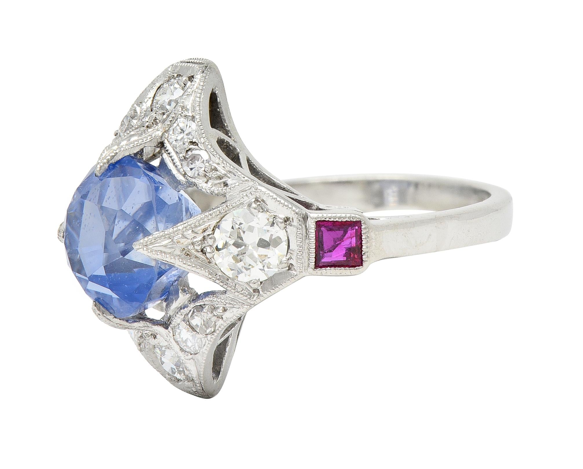 Art Deco 7.92 CTW No Heat Ceylon Sapphire Diamond Ruby Platinum Ring GIA