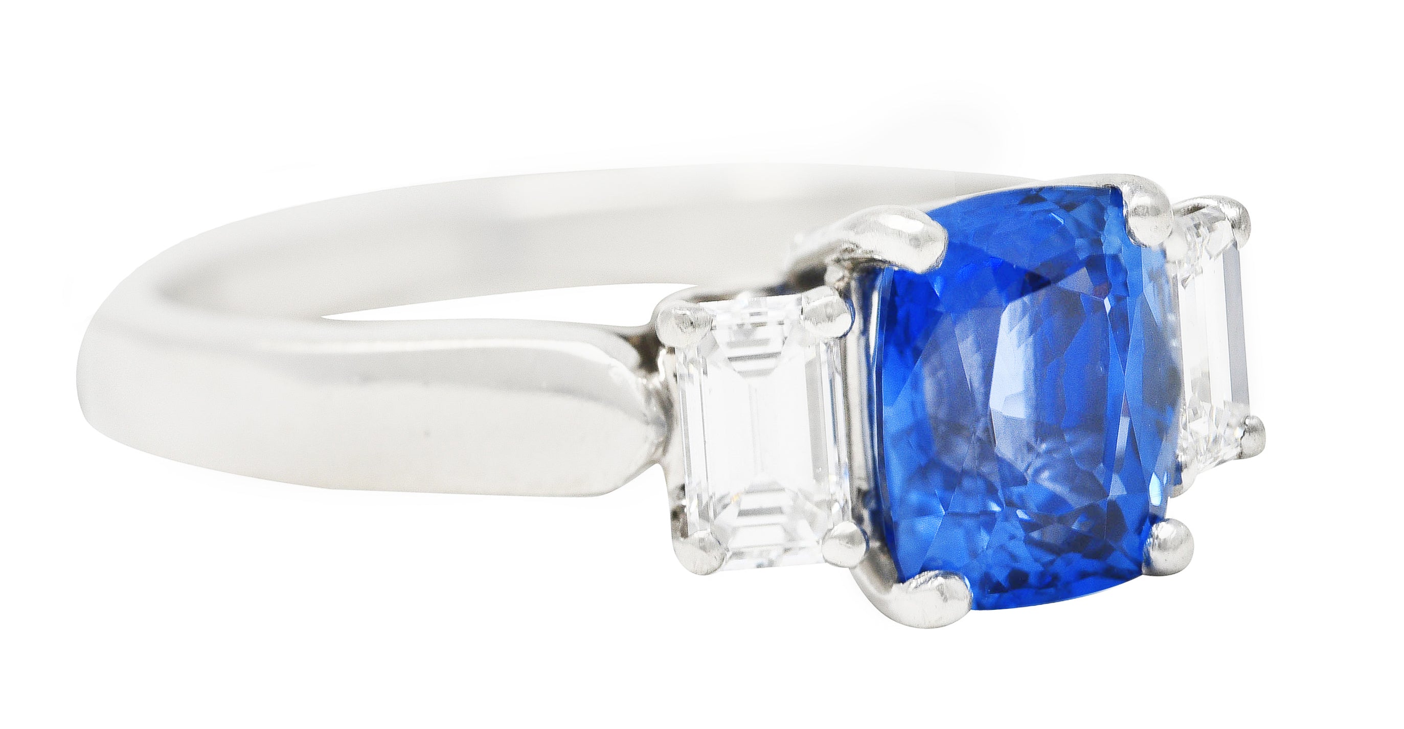 1980's 3.00 CTW Cushion Cut Sapphire Baguette Cut Diamond Platinum Vintage Three Stone Ring Wilson's Estate Jewelry