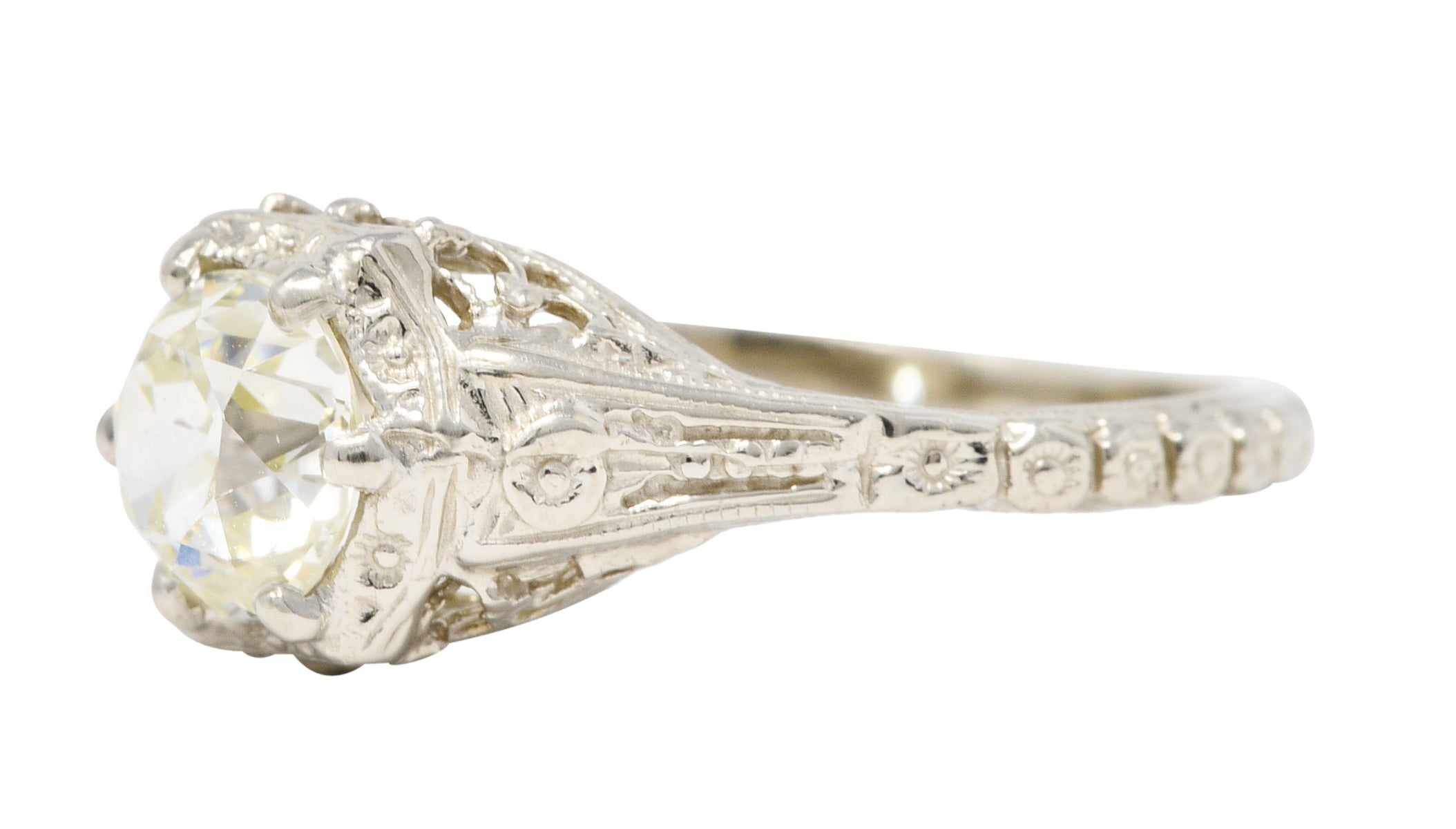 Art Deco 0.82 CTW Diamond 14 Karat White Gold Blossom Engagement RingRing - Wilson's Estate Jewelry