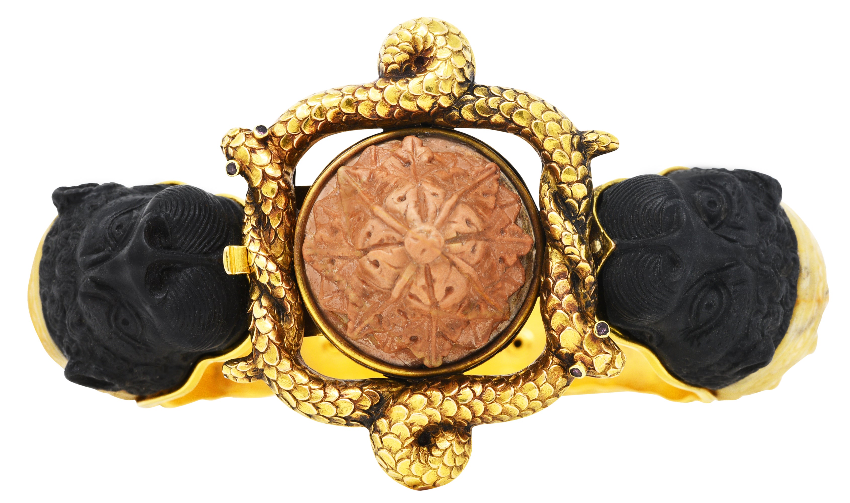 1860's Victorian Carved Hardstone Lava 18 Karat Yellow Gold Lion Snake BraceletBracelet - Wilson's Estate Jewelry