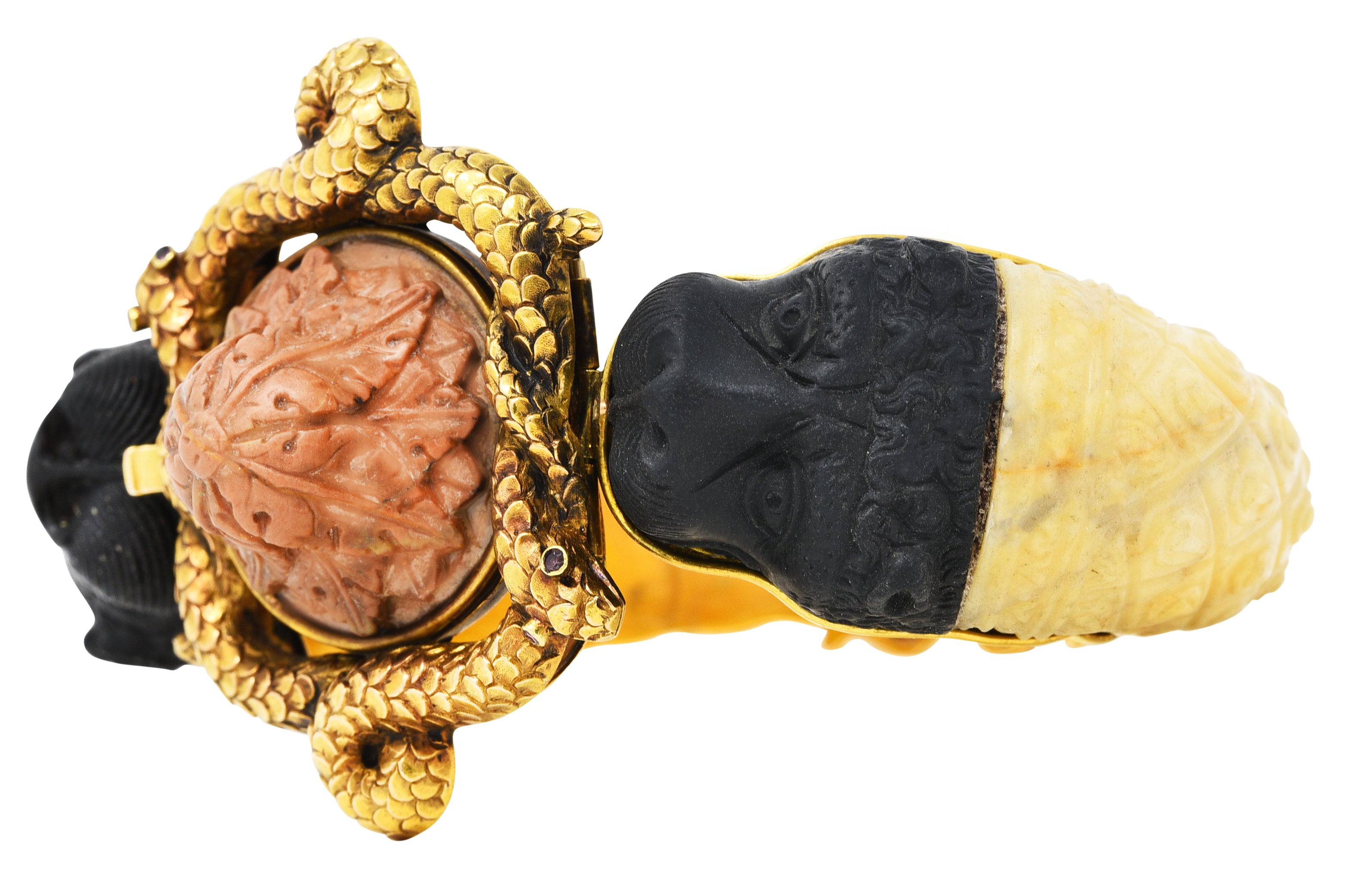 1860's Victorian Carved Hardstone Lava 18 Karat Yellow Gold Lion Snake BraceletBracelet - Wilson's Estate Jewelry