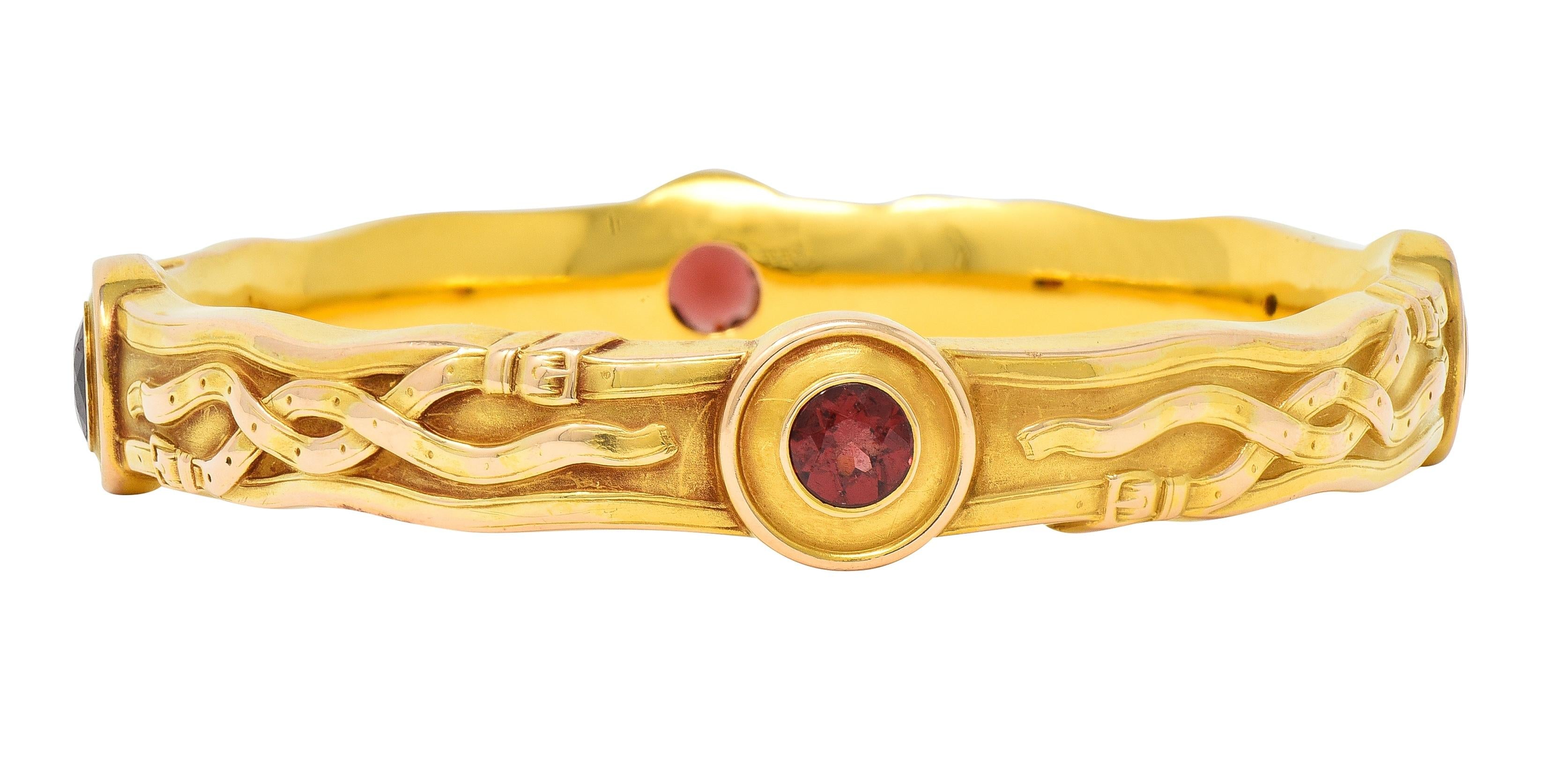 Riker Brothers Art Nouveau Garnet 14 Karat Gold Antique Belt Bangle Bracelet