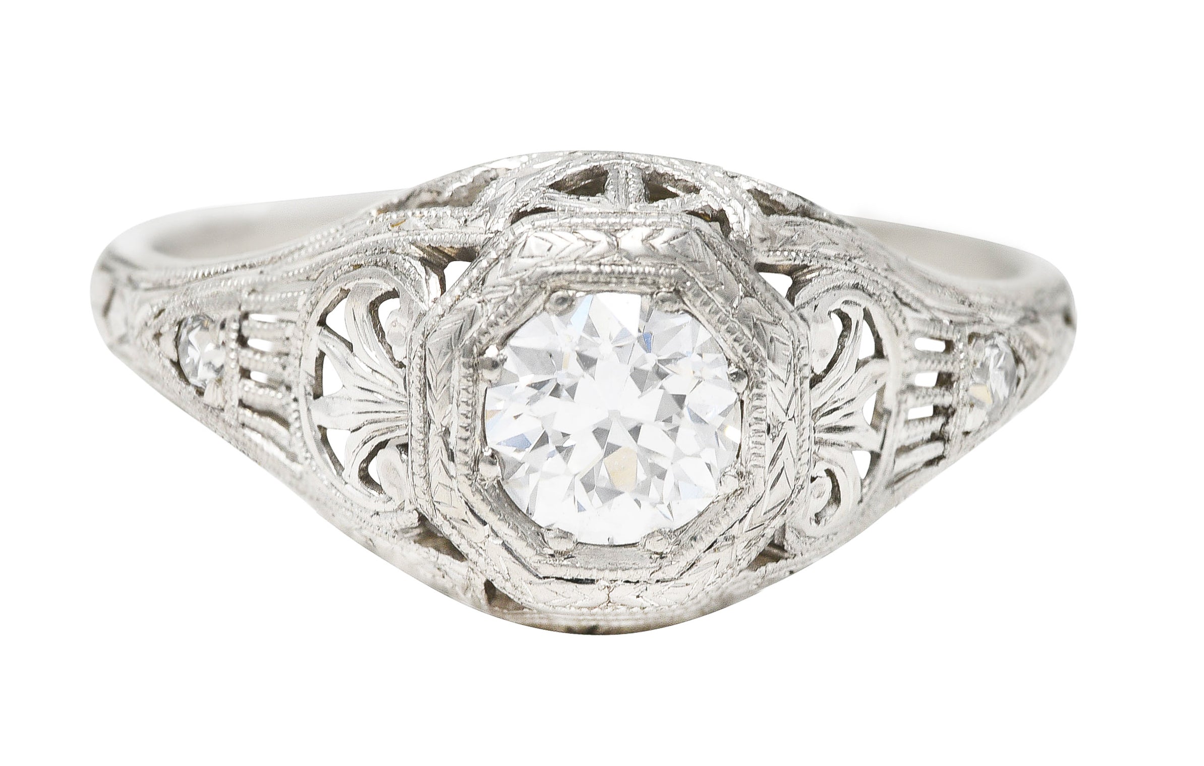 Edwardian 0.40 CTW Old European Cut Diamond Platinum Garland Foliate Antique Engagement Ring Wilson's Estate Jewelry