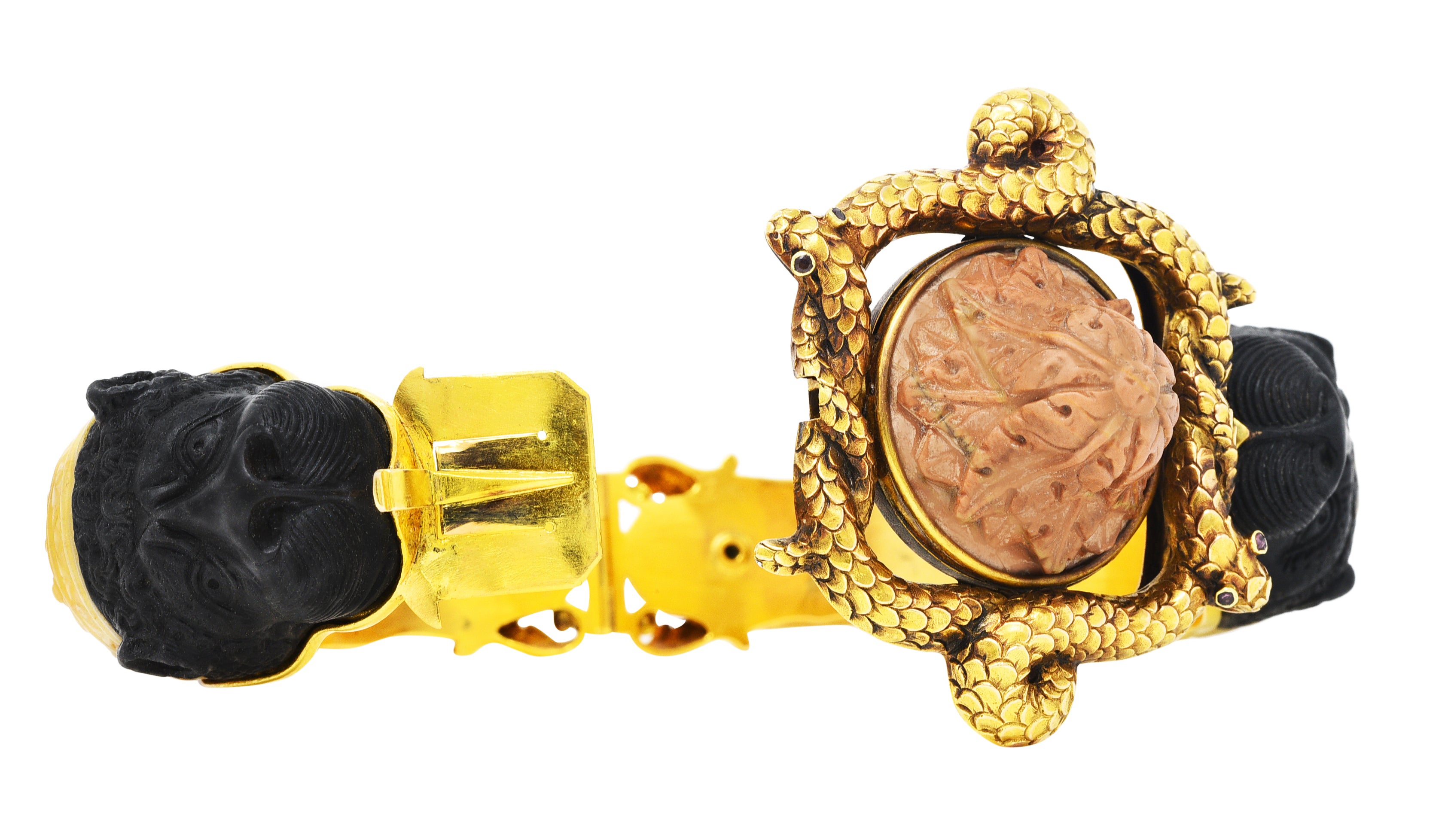 1860's Victorian Carved Hardstone Lava 18 Karat Yellow Gold Lion Snake BraceletBracelet - Wilson's Estate Jewelry