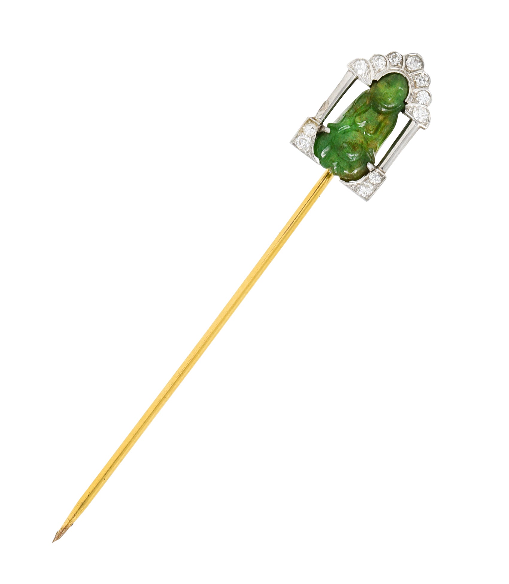 Art Deco Diamond Jade Platinum Buddha Stickpin Circa 1930Stickpin - Wilson's Estate Jewelry