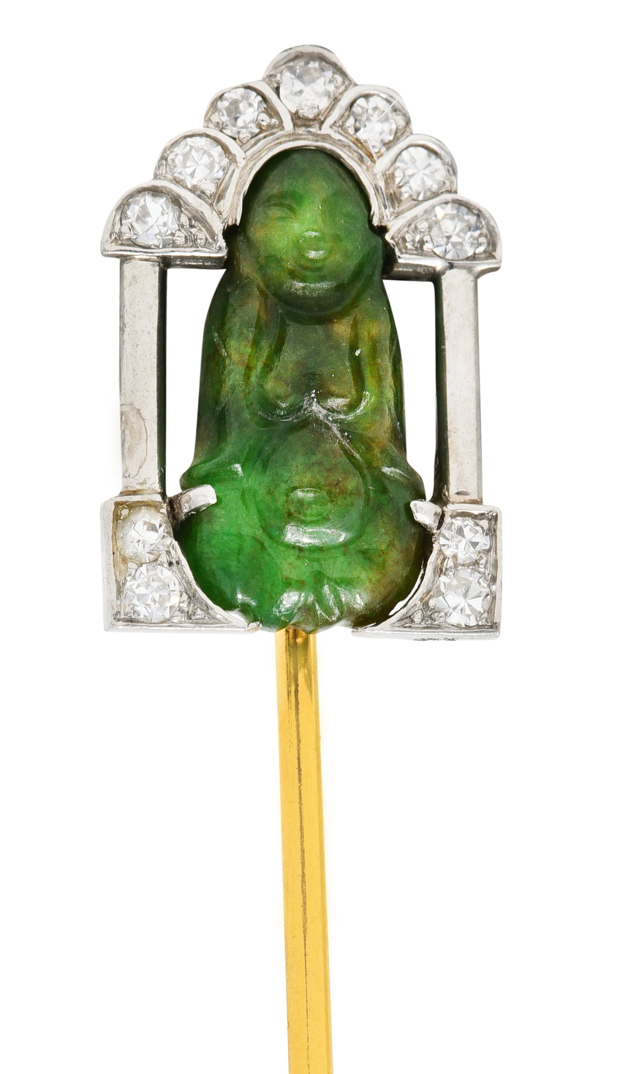 Art Deco Diamond Jade Platinum Buddha Stickpin Circa 1930Stickpin - Wilson's Estate Jewelry