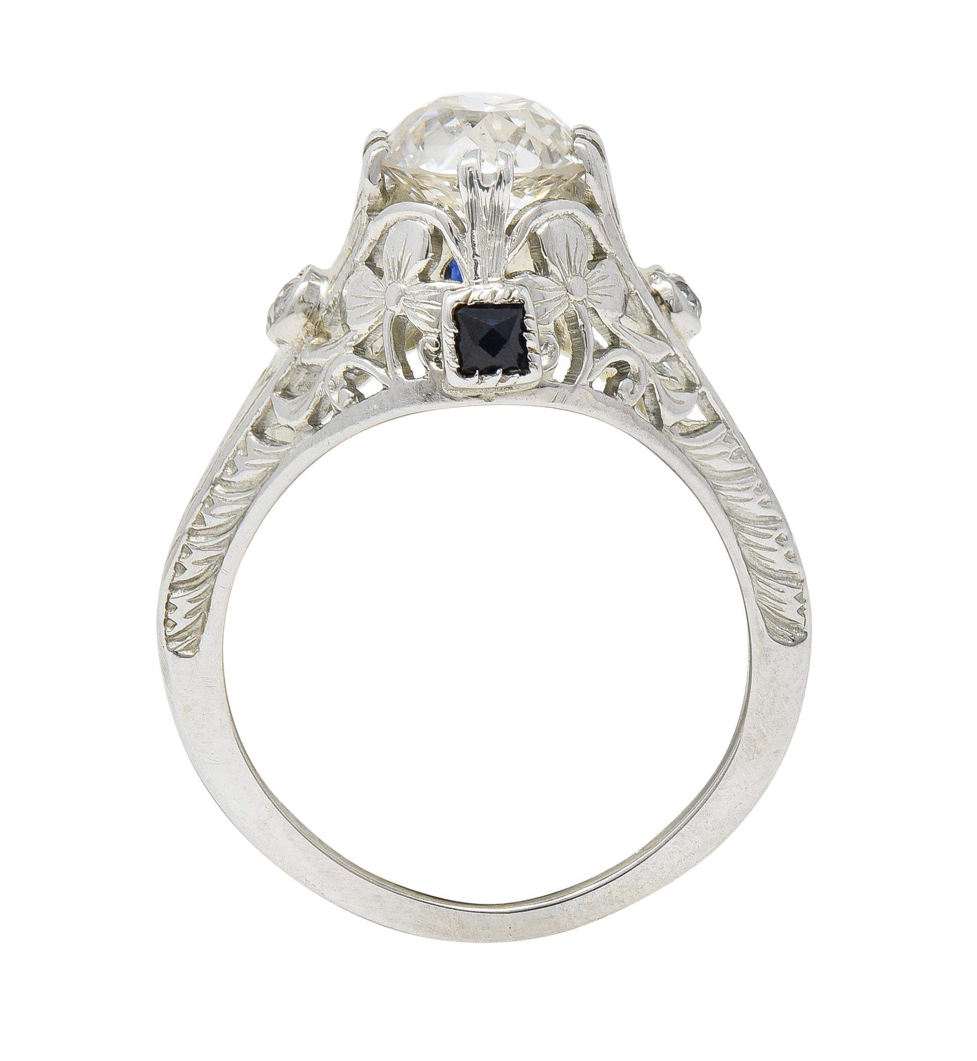 Art Deco 1.27 CTW European Diamond Sapphire 18 Karat White Gold Engagement Ring