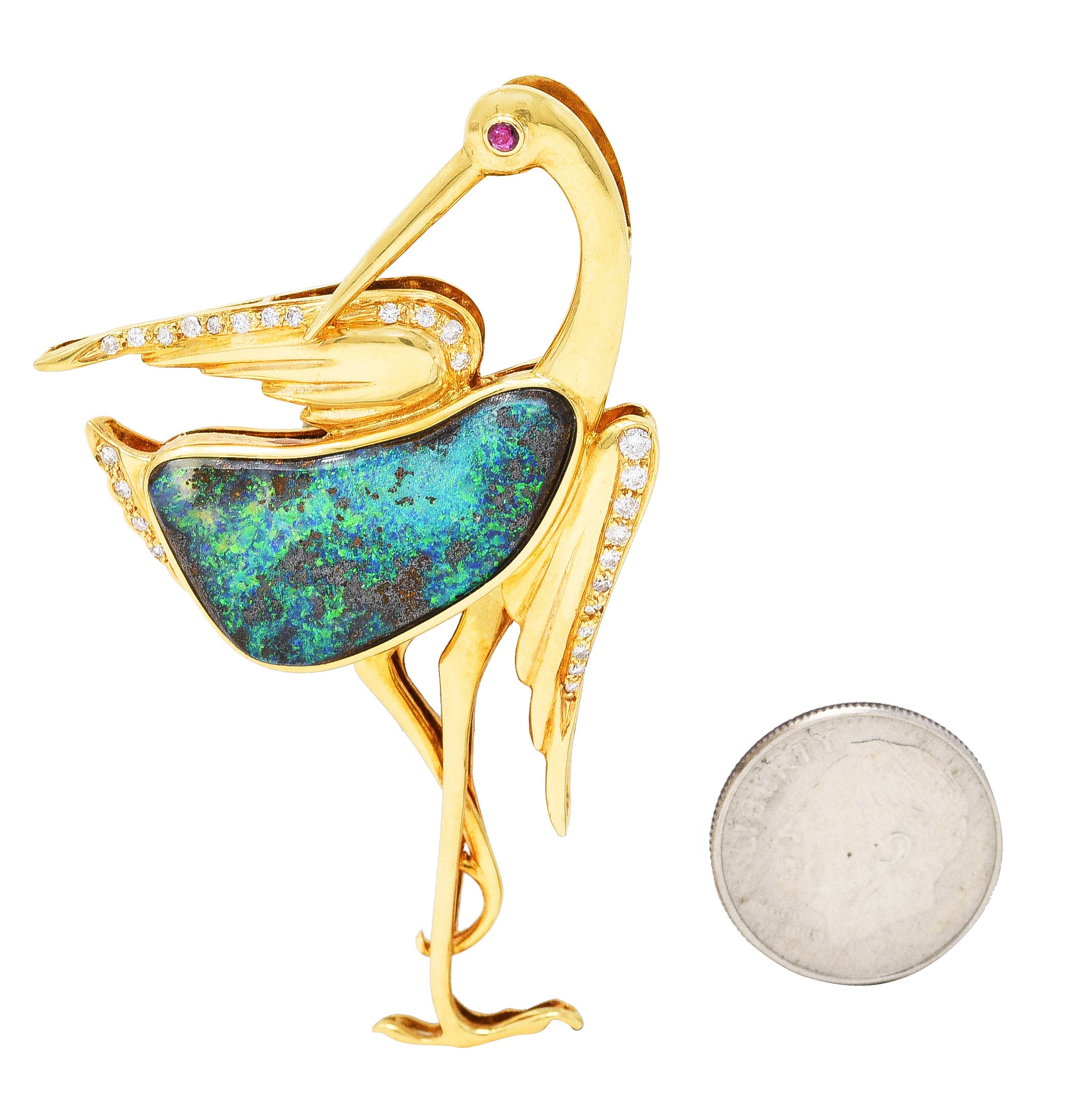 1980's Vintage Boulder Opal Ruby Diamond 18 Karat Yellow Gold Heron Bird Brooch Wilson's Estate Jewelry