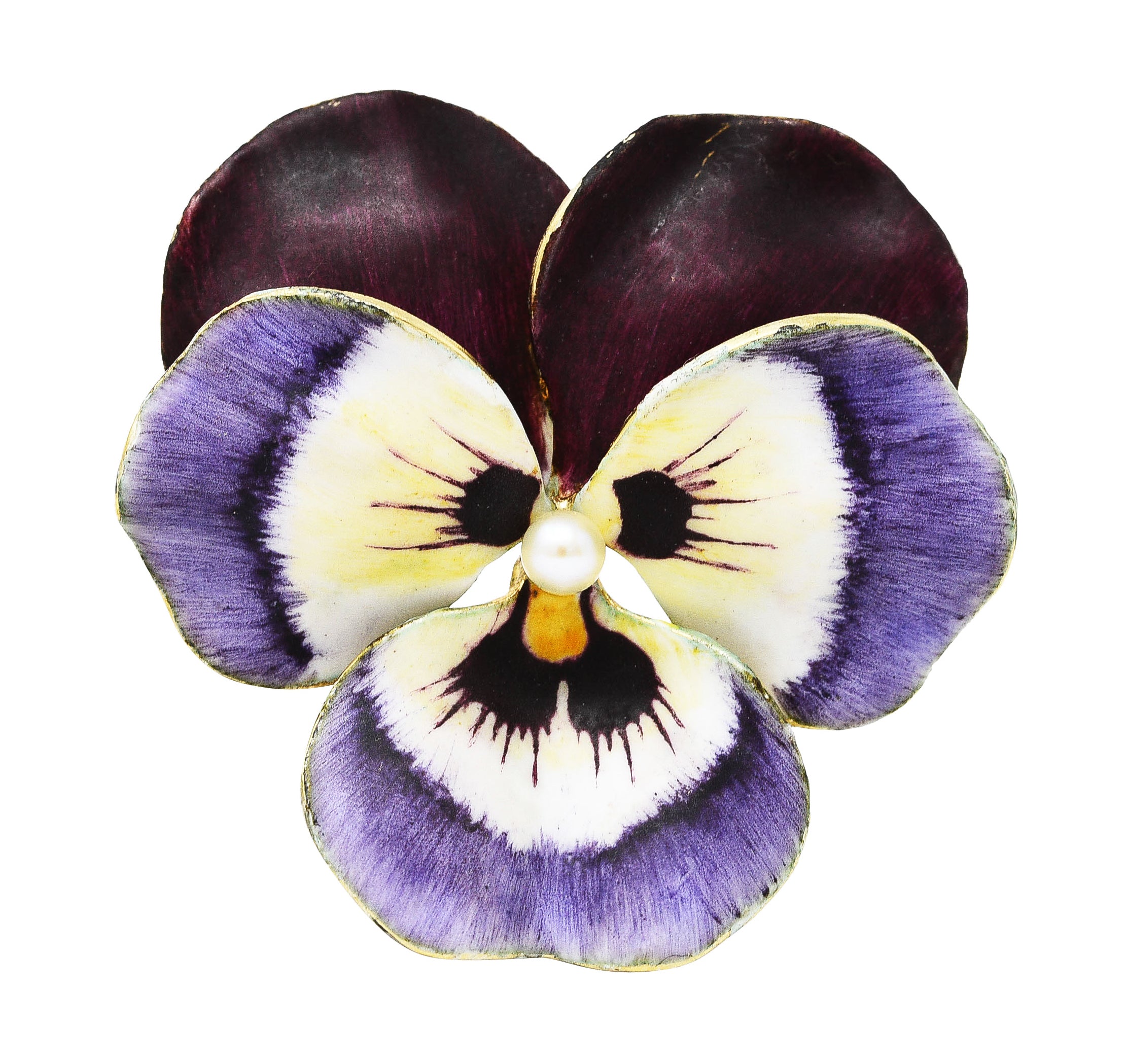 Art Nouveau Pearl Enamel 14 Karat Yellow Gold Purple Pansy Antique Brooch Wilson's Estate Jewelry