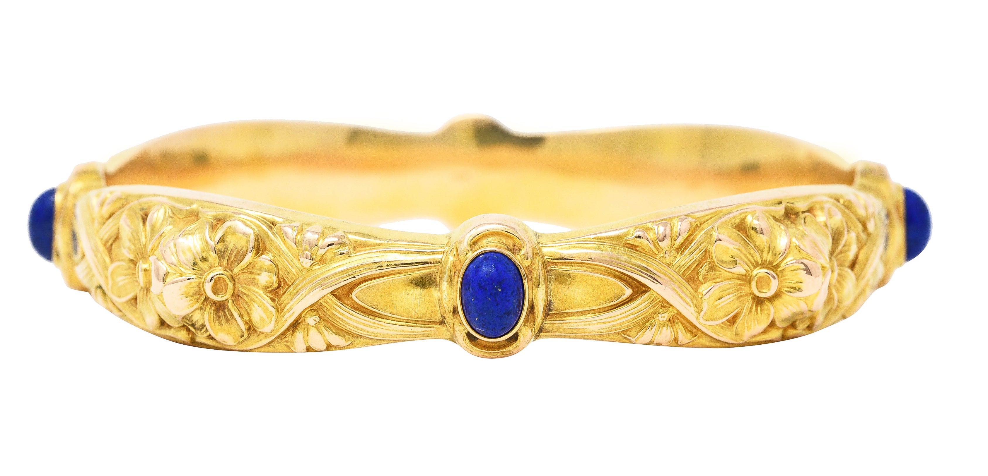 Art Nouveau Lapis Lazuli 14 Karat Yellow Gold Daisy Floral Antique Bangle Bracelet Wilson's Estate Jewelry