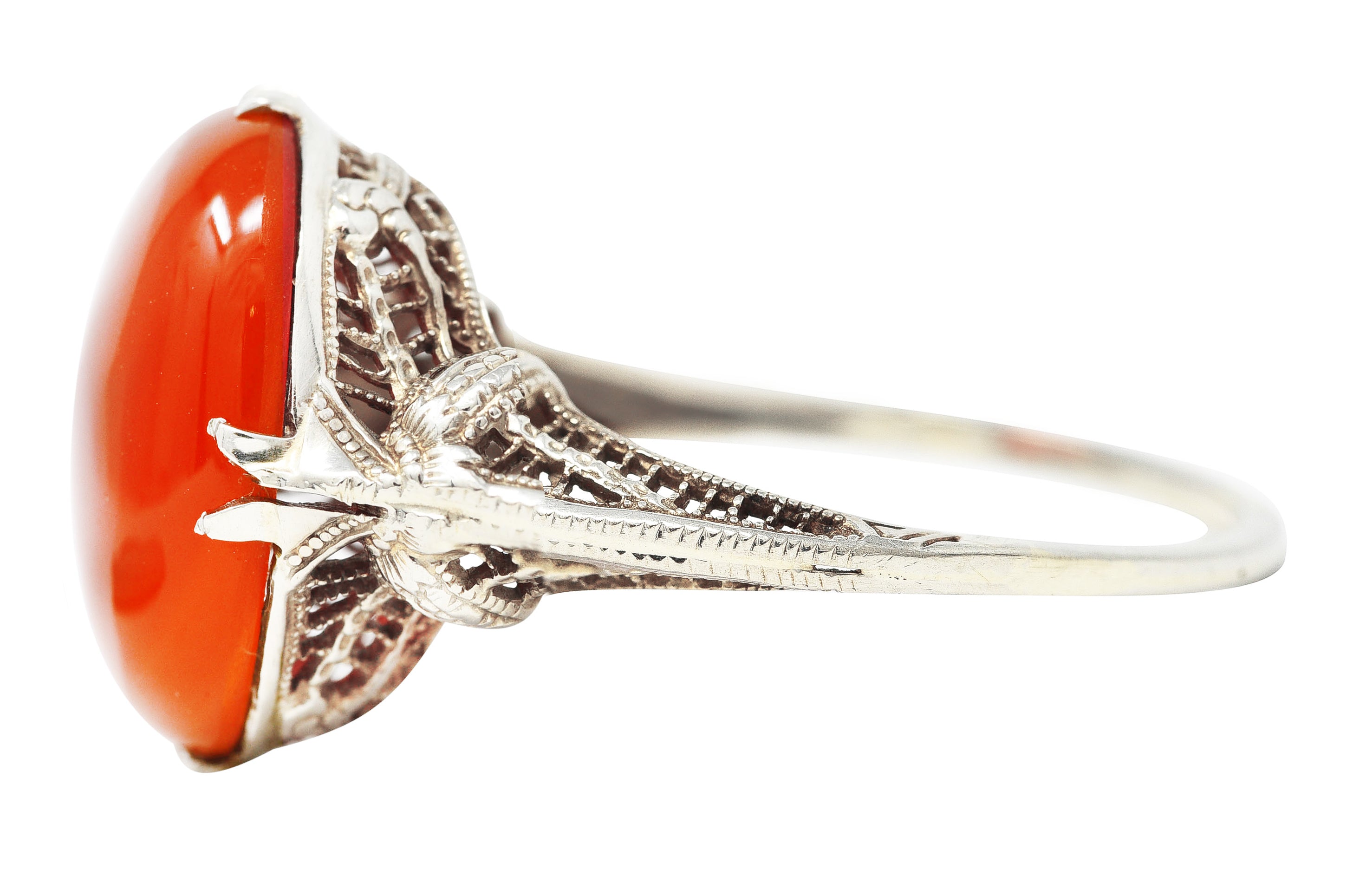 Edwardian Carnelian 18 Karat White Gold Scrolling Filigree Trellis Antique Ring Wilson's Estate Jewelry