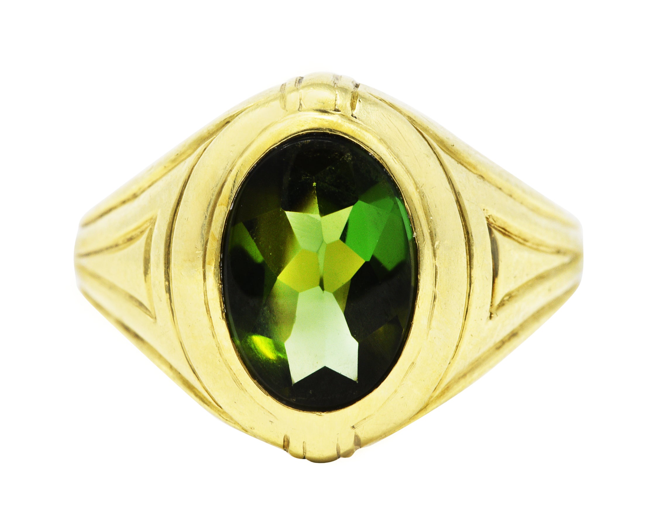 1930's Jones & Woodland Green Tourmaline 14 Karat Green Gold Unisex Signet RingRing - Wilson's Estate Jewelry