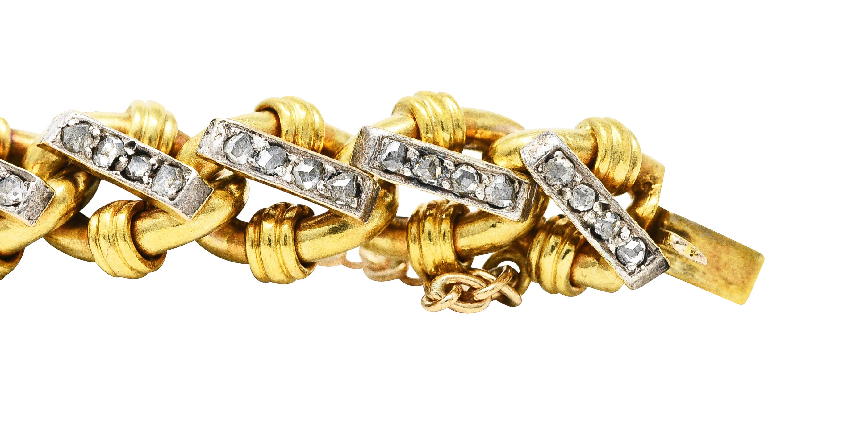 Edwardian Diamond Platinum 18 Karat Yellow Gold Antique Curb Link Bracelet Wilson's Estate Jewelry