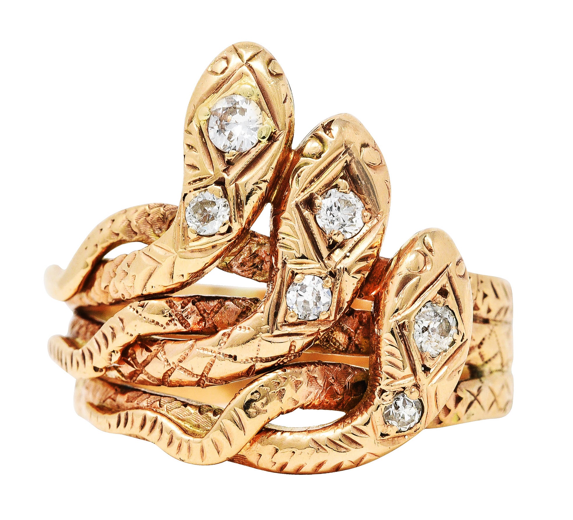 Late Victorian Diamond 10 Karat Rose Gold Snake Unisex Ring Wilson's Antique & Estate Jewelry