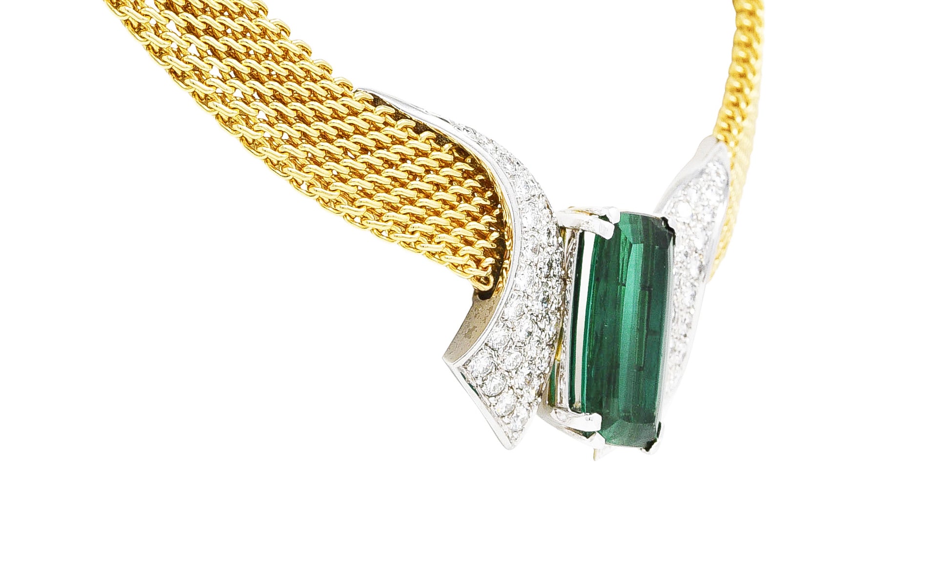 Dankner 1960's 9.65 CTW Cushion Cut Green Tourmaline Diamond 14 Karat Two-Tone Gold Vintage Station Collar Necklace Wilson's Estate Jewelry