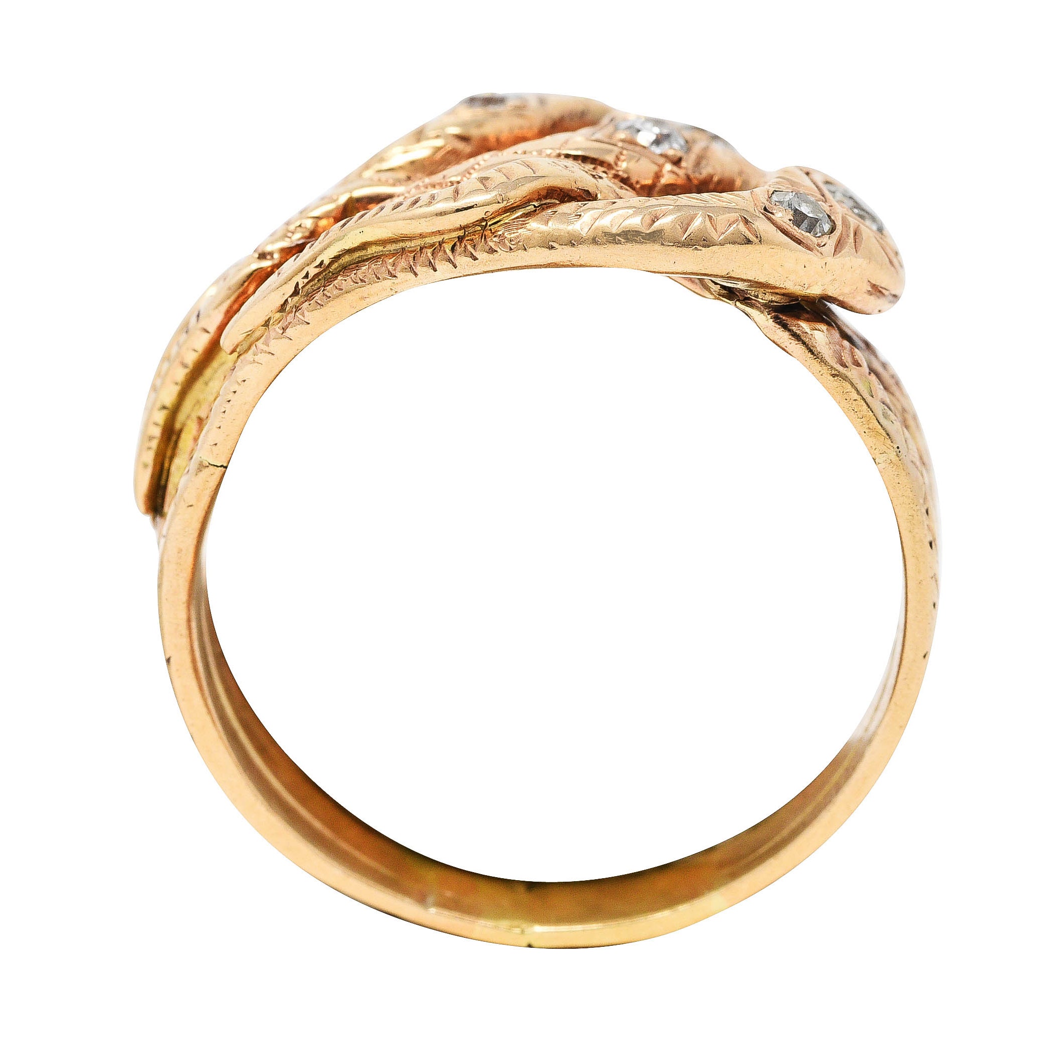 Late Victorian Diamond 10 Karat Rose Gold Snake Unisex Ring Wilson's Antique & Estate Jewelry