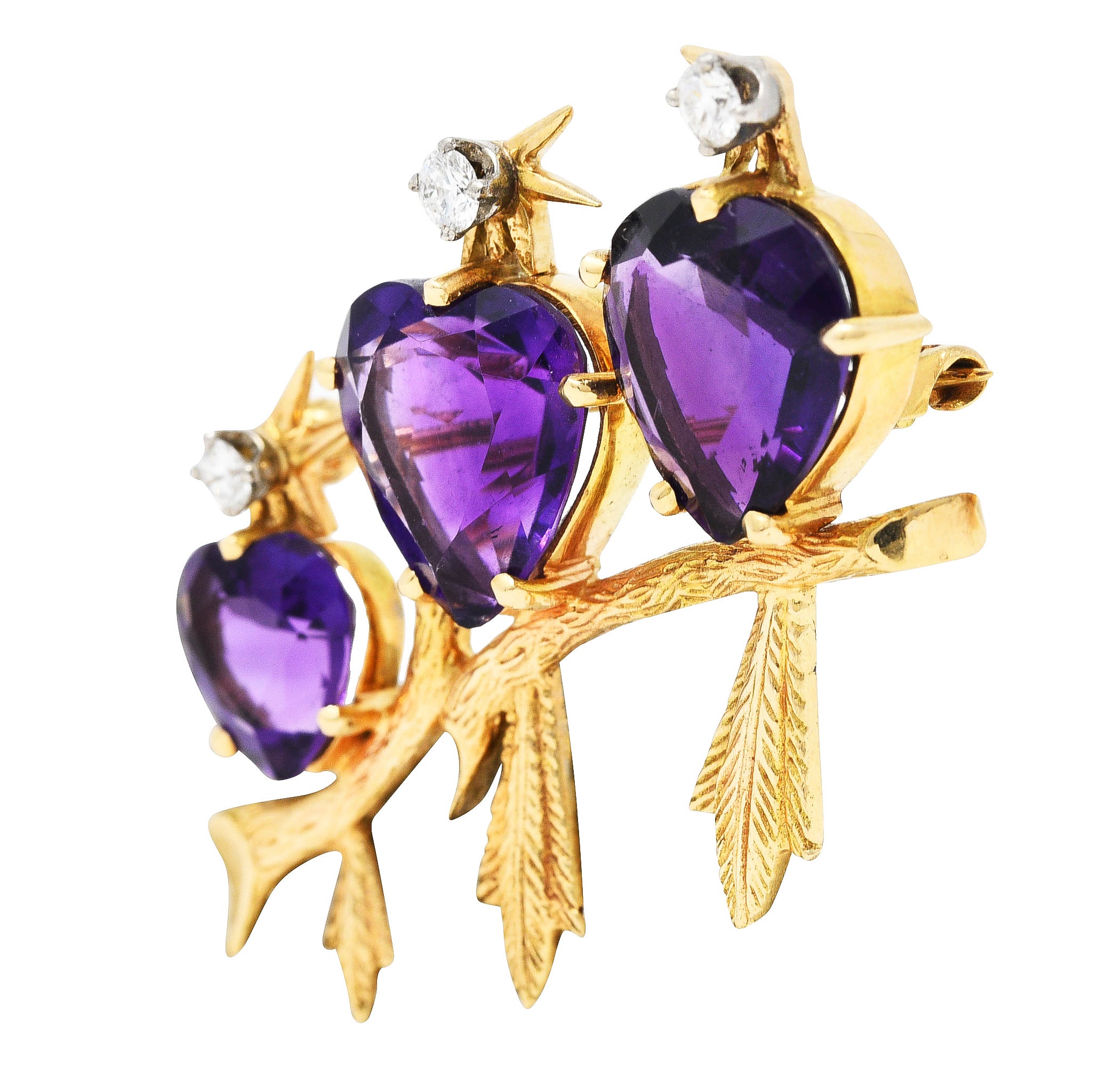 1960's Vintage Diamond Amethyst 14 Karat Yellow Gold Bird Brooch Wilson's Antique & Estate Jewelry