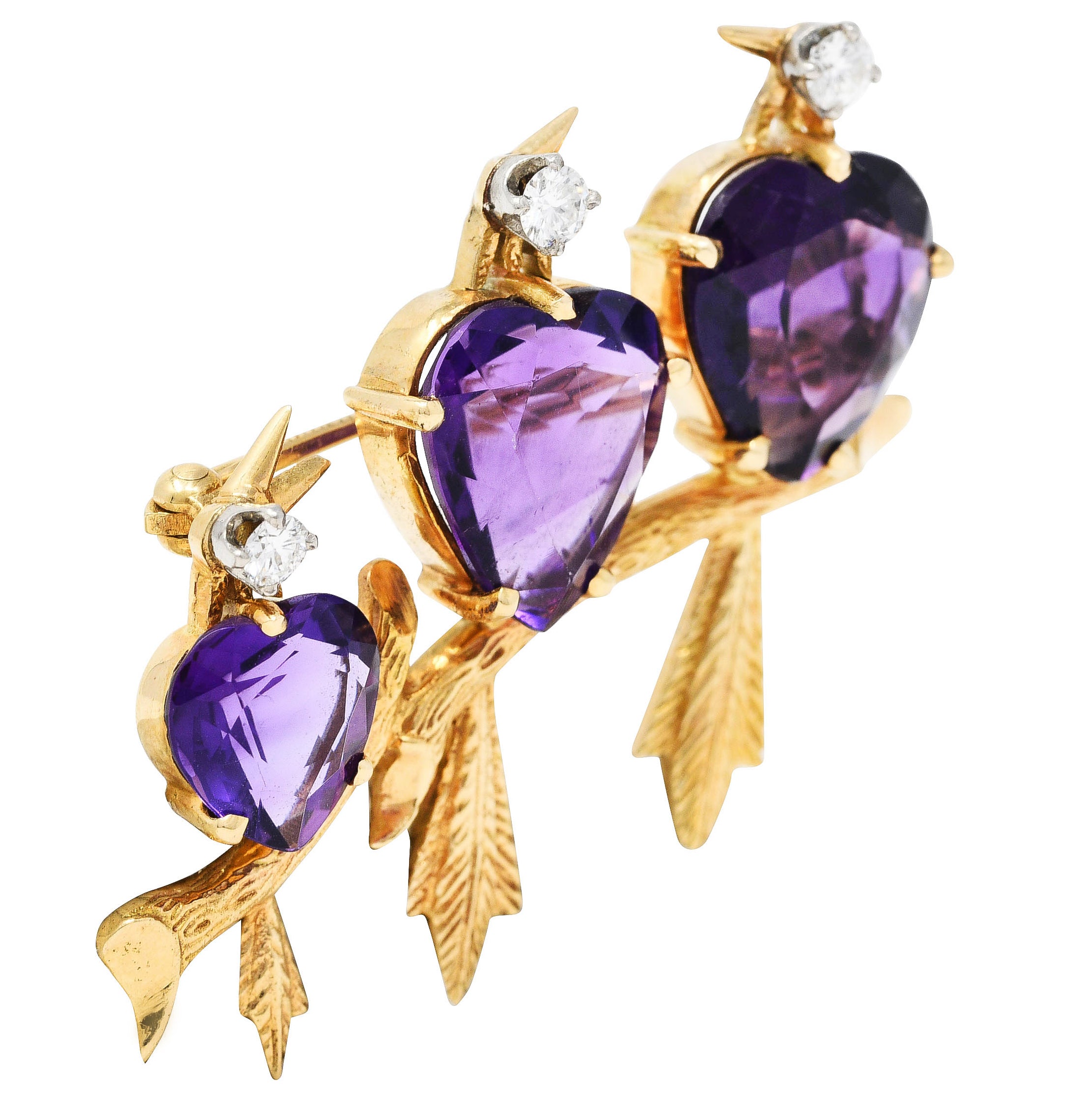 1960's Vintage Diamond Amethyst 14 Karat Yellow Gold Bird Brooch Wilson's Antique & Estate Jewelry