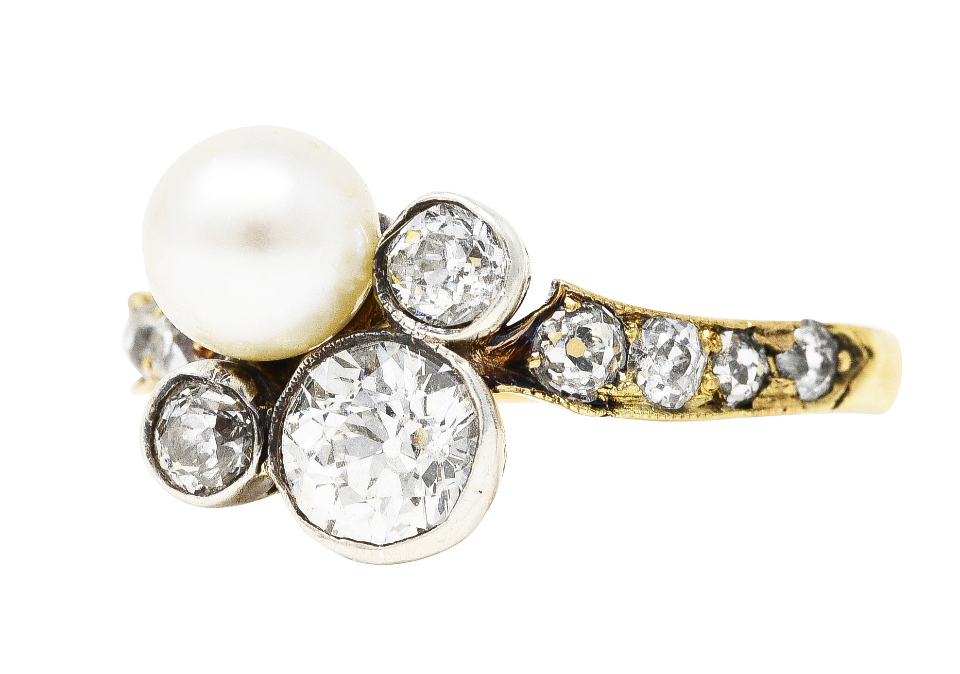 Edwardian 1.18 CTW Diamond Pearl Platinum-Topped 18 Karat Gold Cluster Antique Ring Wilson's Estate Jewelry