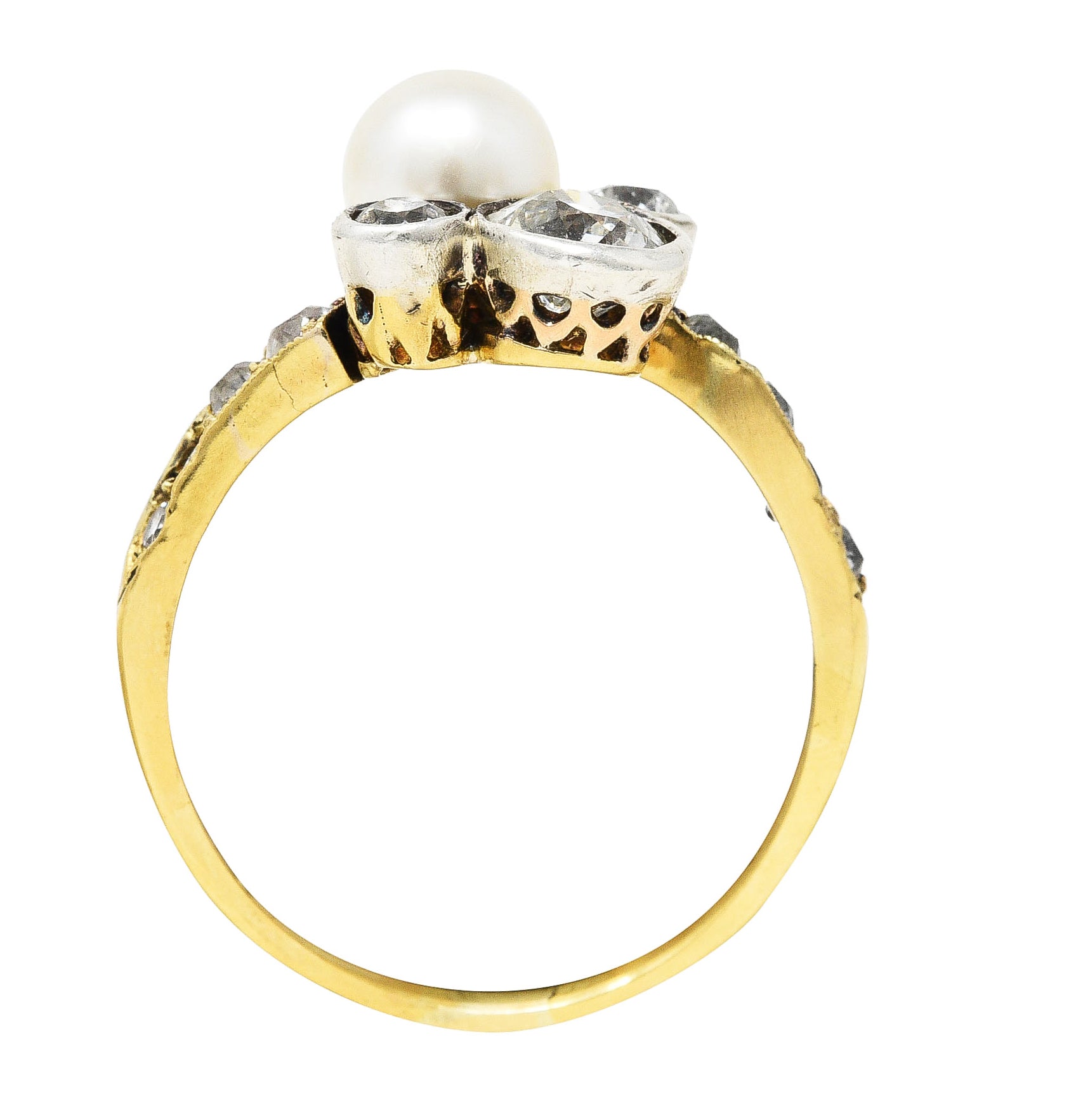 Edwardian 1.18 CTW Diamond Pearl Platinum-Topped 18 Karat Gold Cluster Antique Ring Wilson's Estate Jewelry