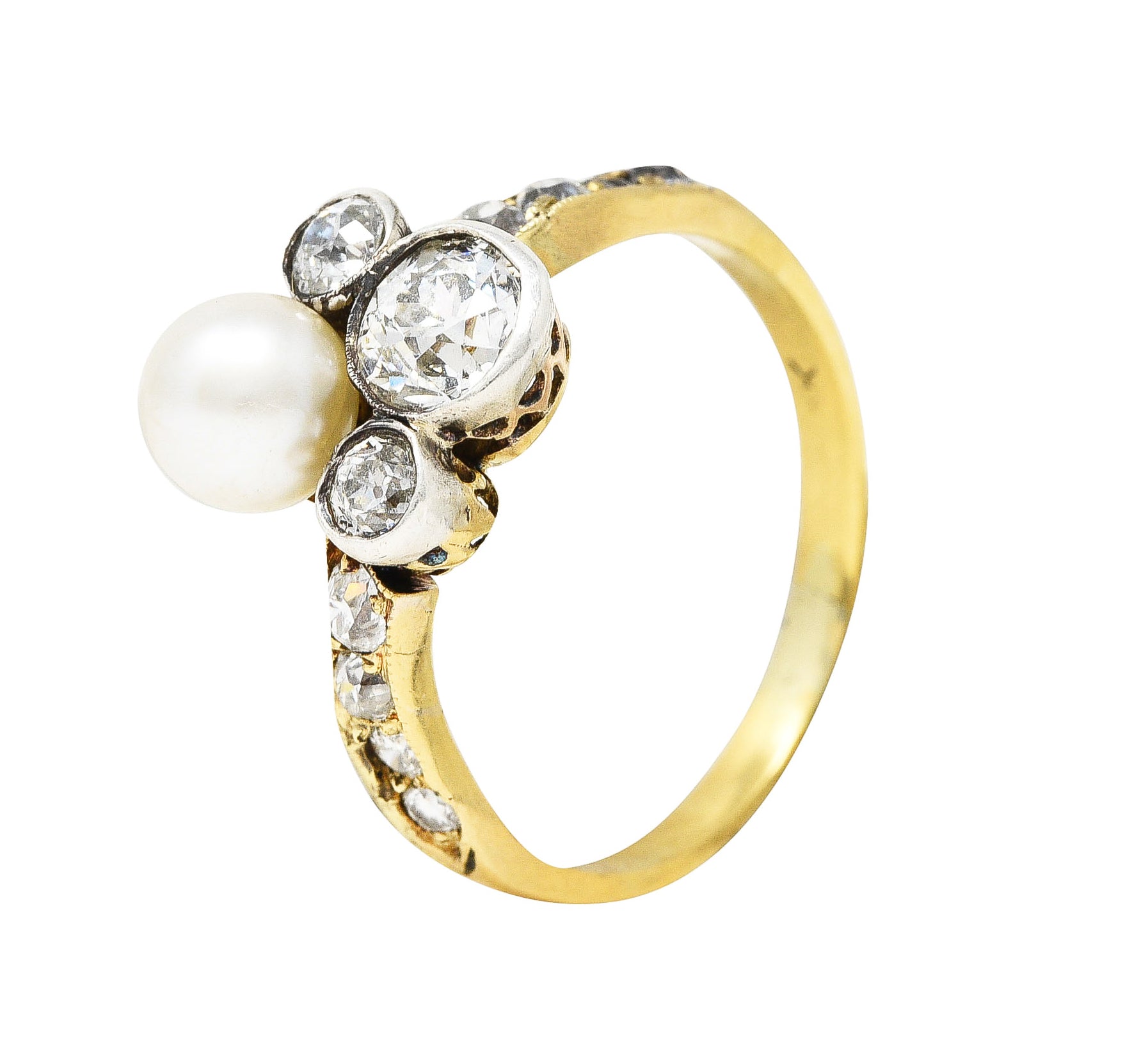 Edwardian 1.18 CTW Diamond Pearl Platinum-Topped 18 Karat Gold Cluster Antique Ring Wilson's Estate Jewelry