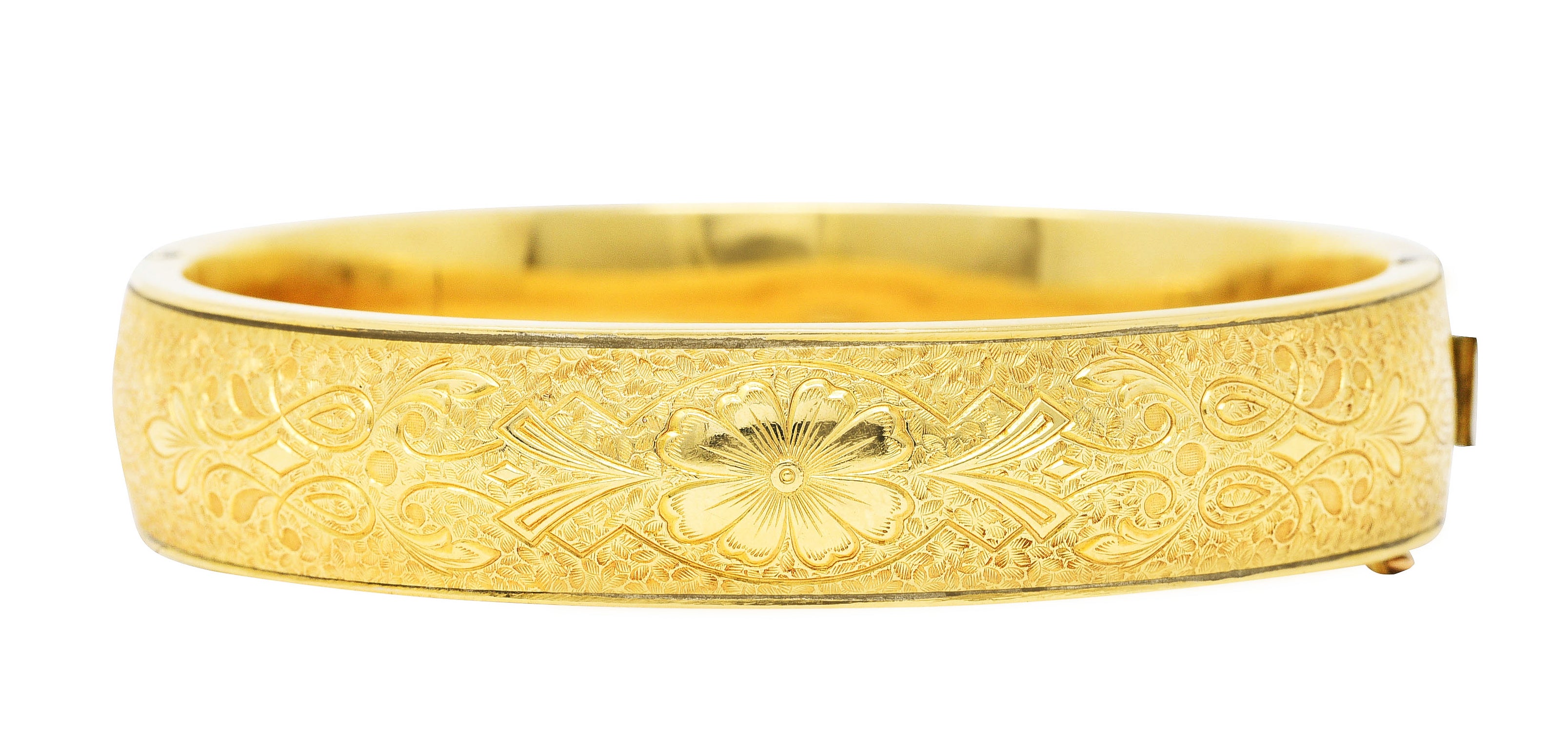 Binder Bros. Retro 14 Karat Yellow Gold Floral Bangle Bracelet Wilson's Antique & Estate Jewelry