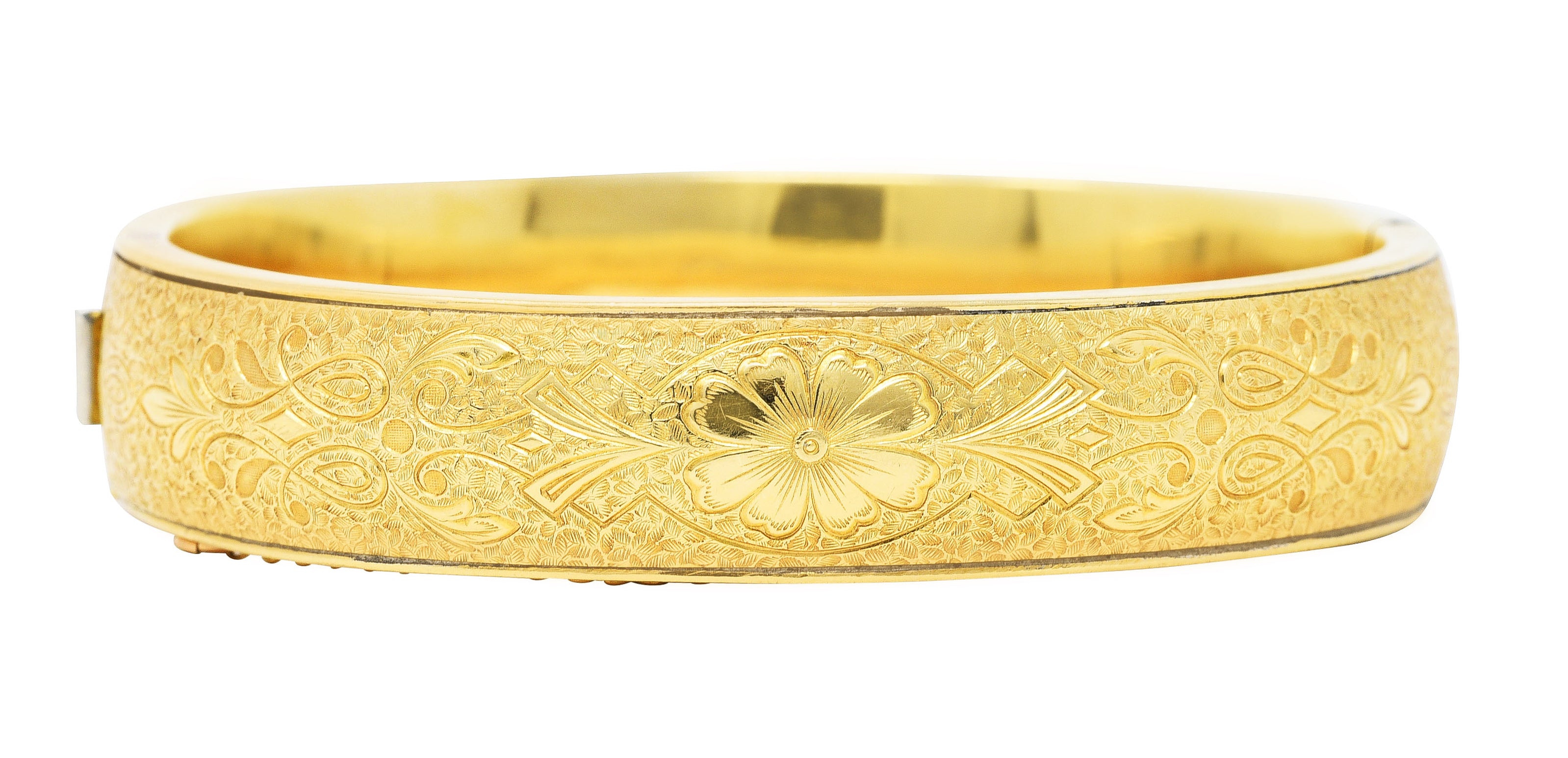 Binder Bros. Retro 14 Karat Yellow Gold Floral Bangle Bracelet Wilson's Antique & Estate Jewelry