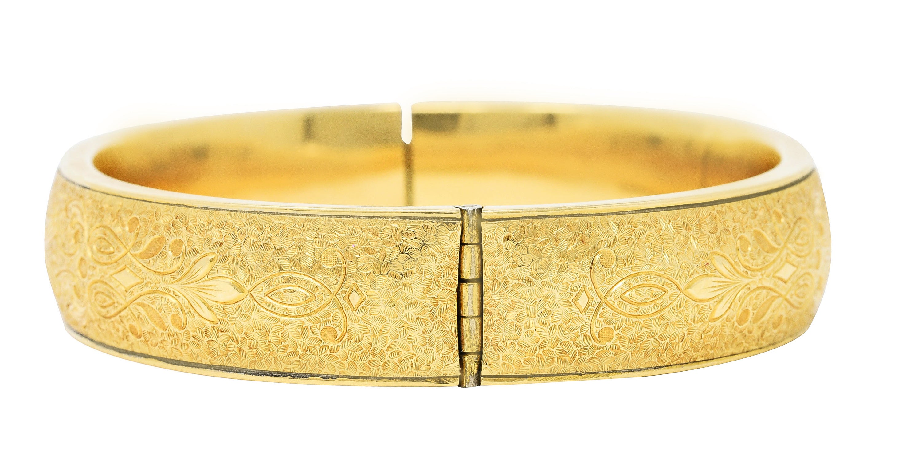 Binder Bros. Retro 14 Karat Yellow Gold Floral Bangle Bracelet Wilson's Antique & Estate Jewelry