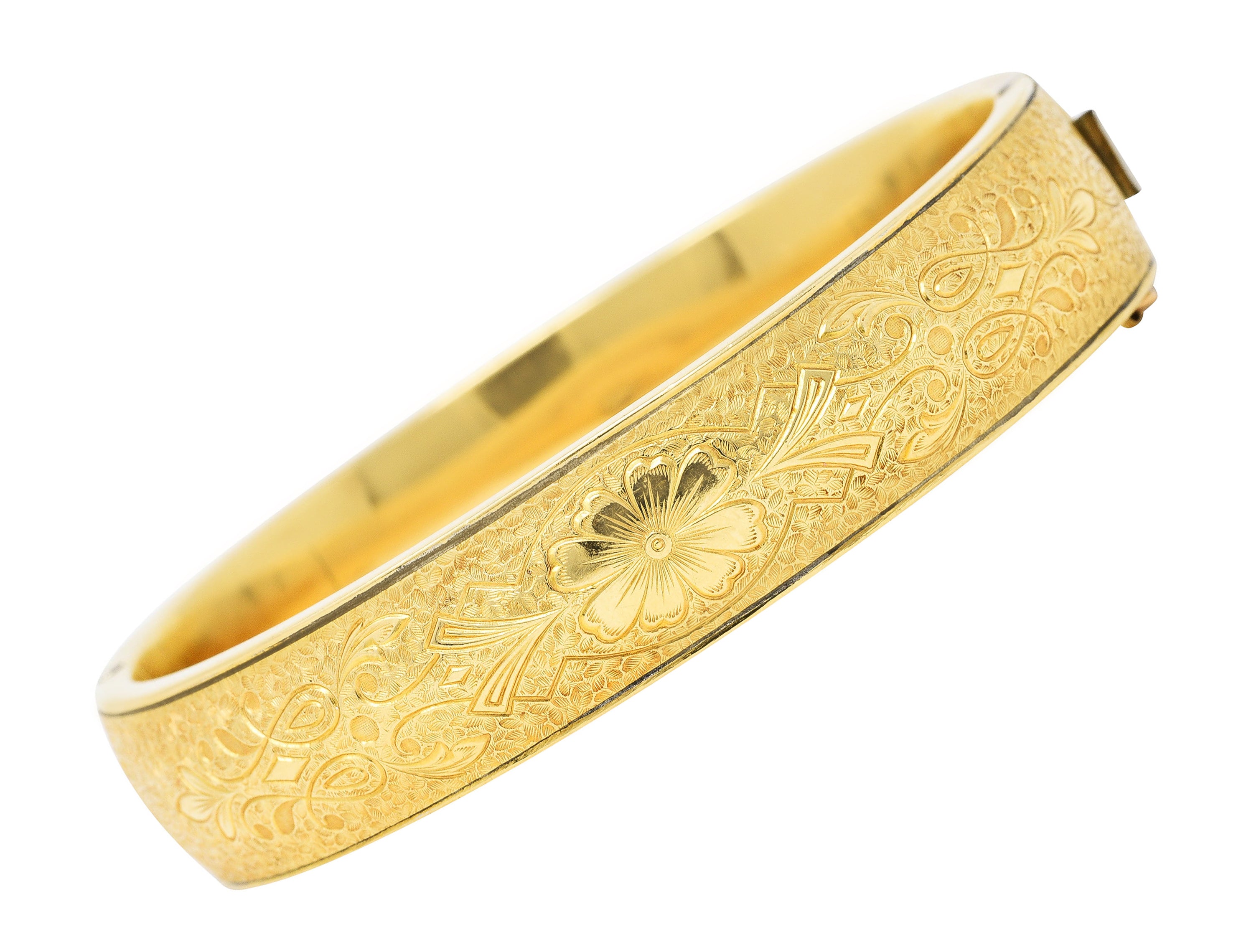 Binder Bros. Retro 14 Karat Yellow Gold Floral Bangle Bracelet Wilson's Antique & Estate Jewelry