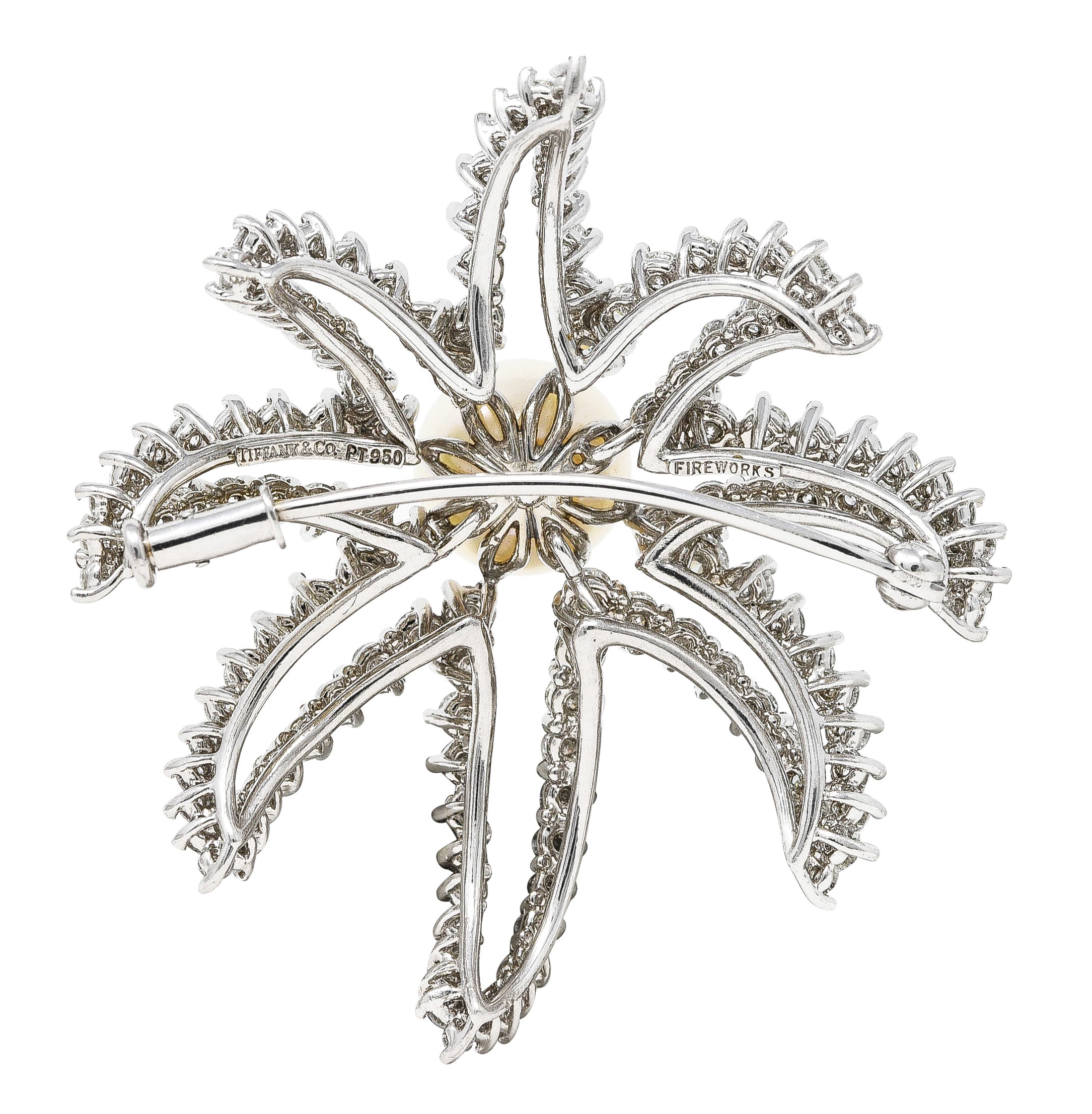 Tiffany & Co. South Sea Pearl 3.50 CTW Diamond Platinum Vintage Firework Brooch Wilson's Estate Jewelry