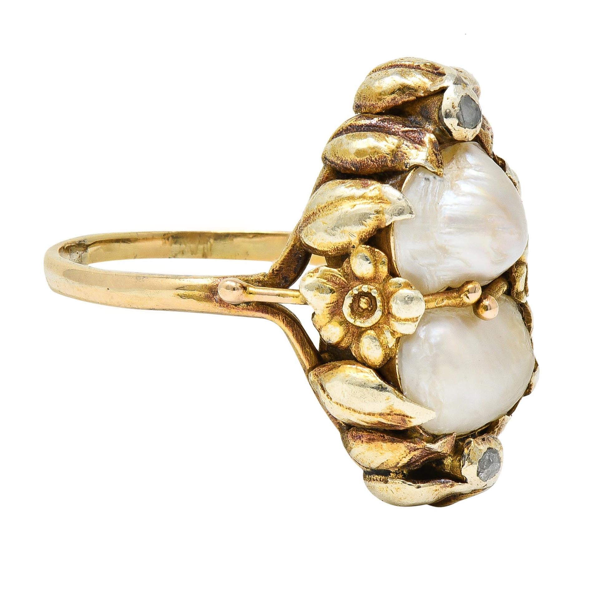 Arts & Crafts Diamond Baroque Pearl 14 Karat Yellow Gold Floral Dinner Ring