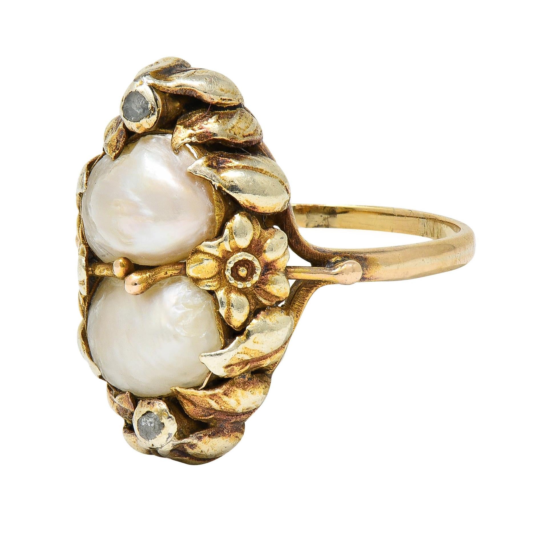 Arts & Crafts Diamond Baroque Pearl 14 Karat Yellow Gold Floral Dinner Ring