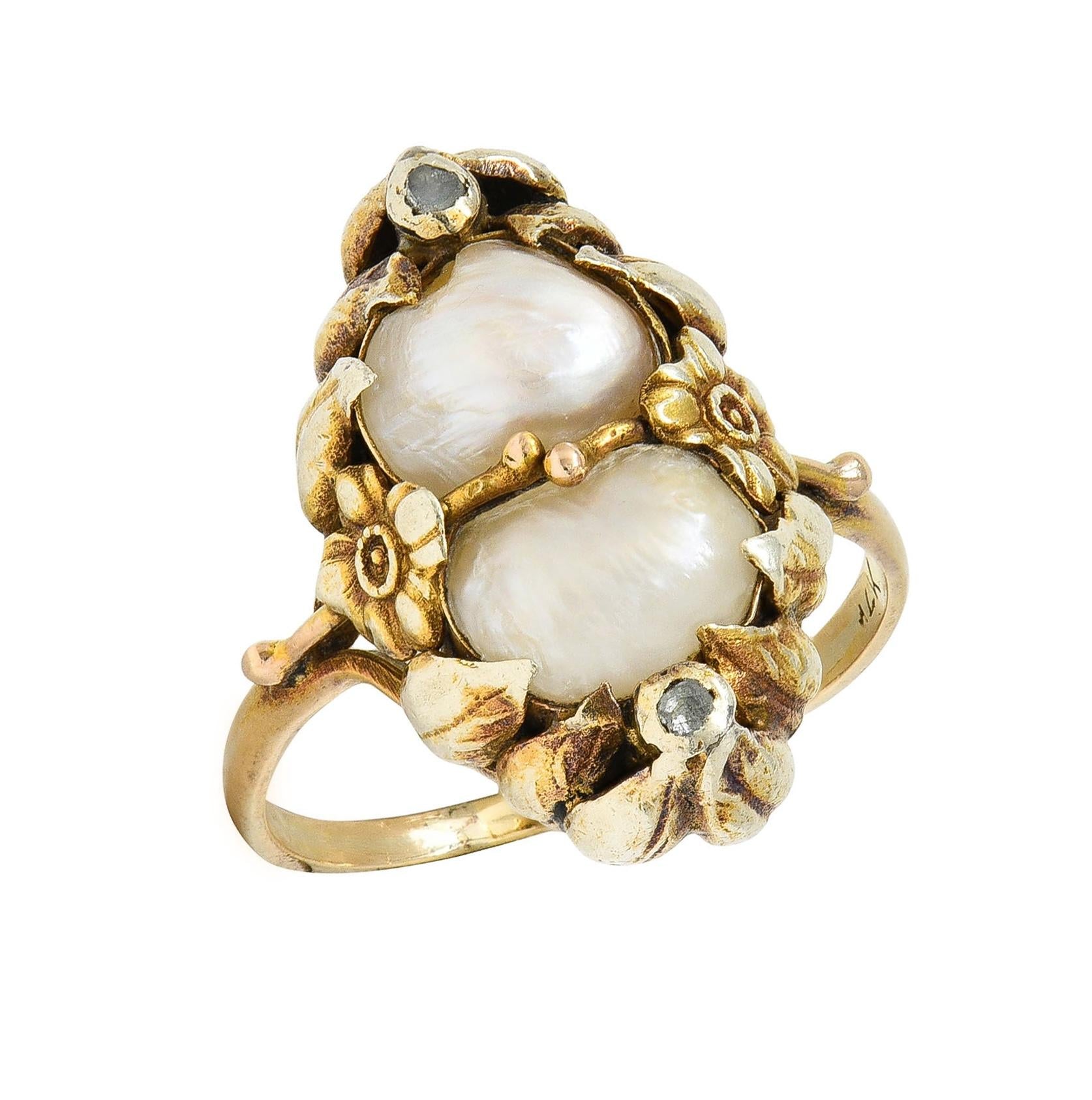 Arts & Crafts Diamond Baroque Pearl 14 Karat Yellow Gold Floral Dinner Ring