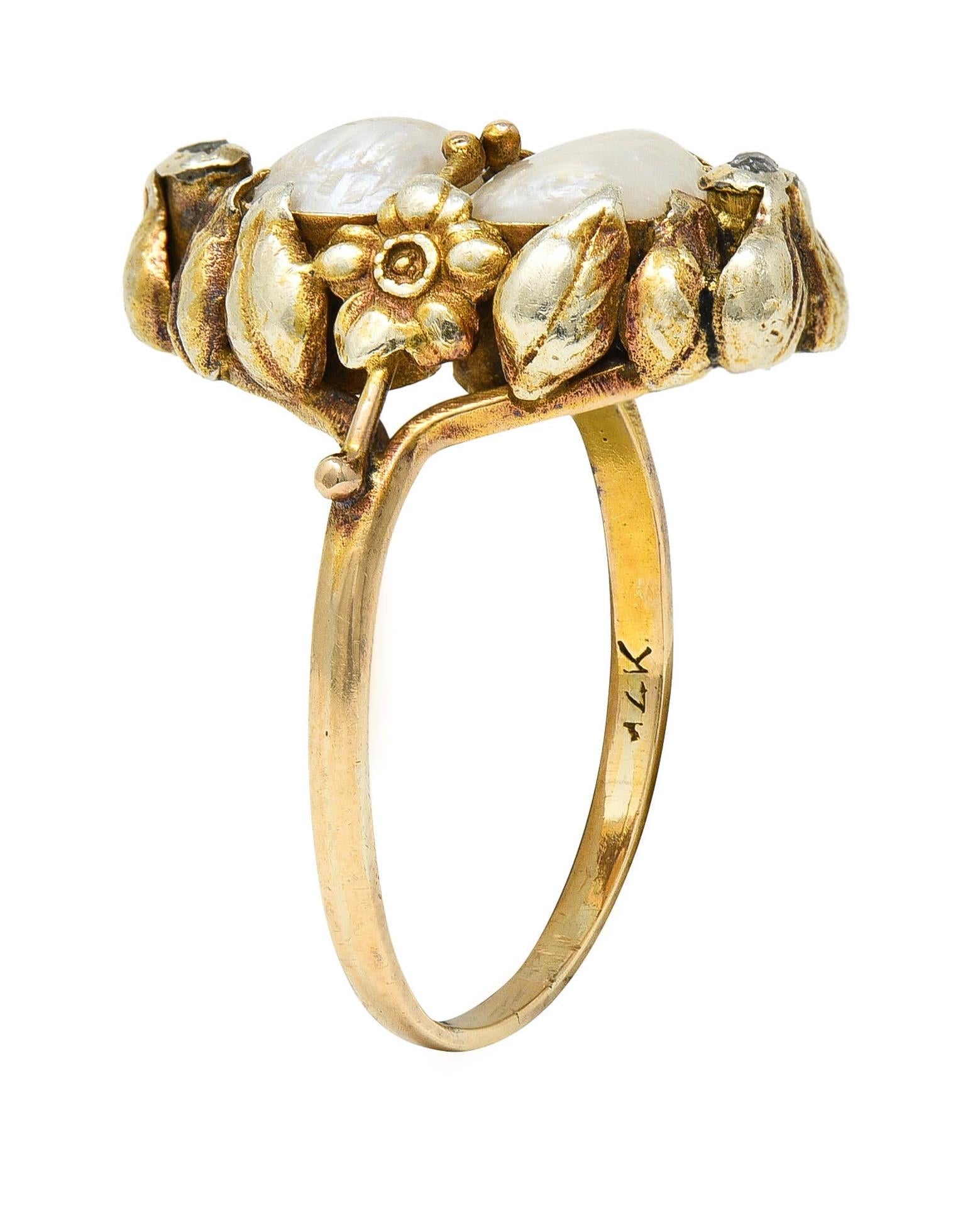 Arts & Crafts Diamond Baroque Pearl 14 Karat Yellow Gold Floral Dinner Ring