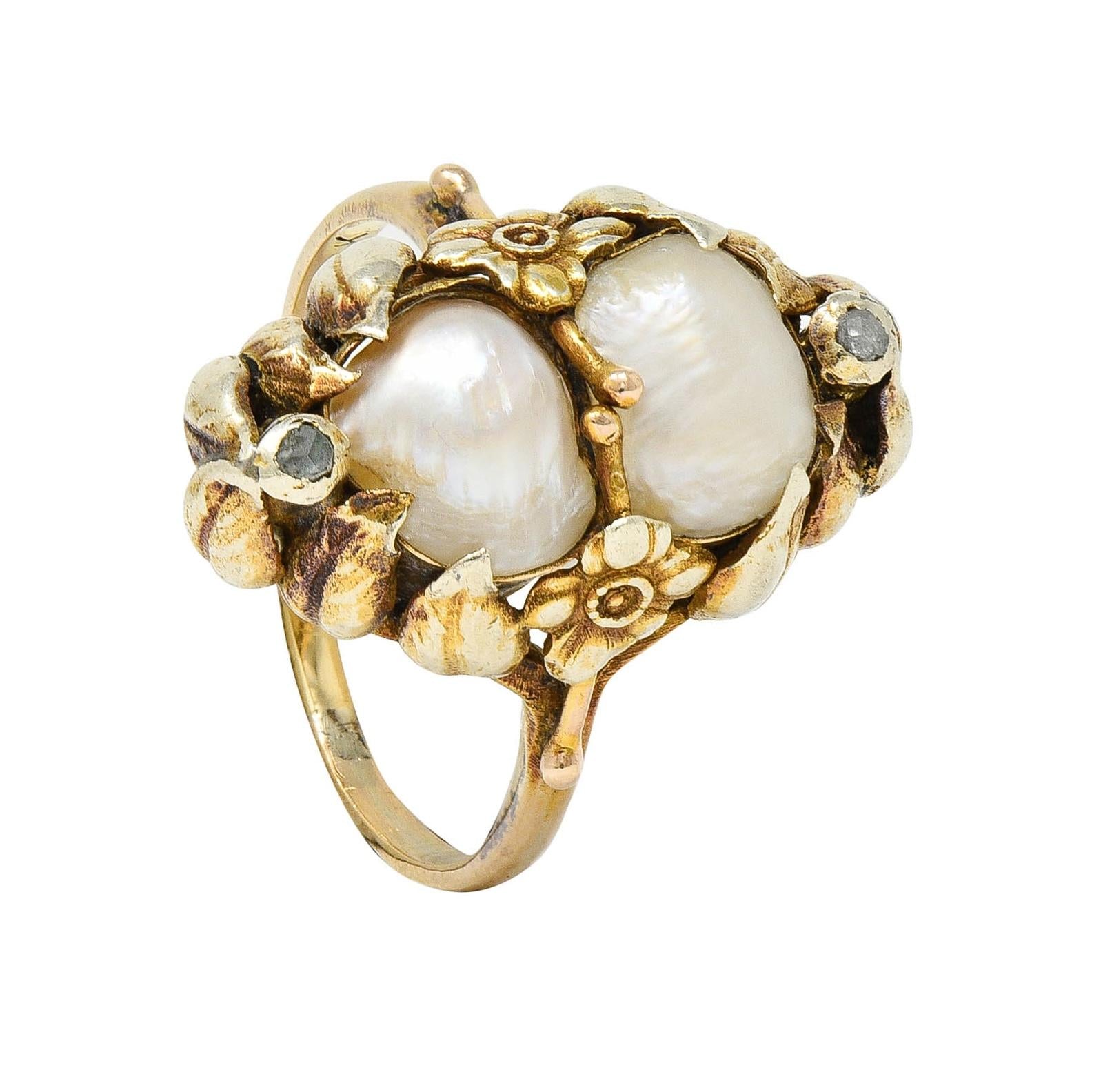 Arts & Crafts Diamond Baroque Pearl 14 Karat Yellow Gold Floral Dinner Ring