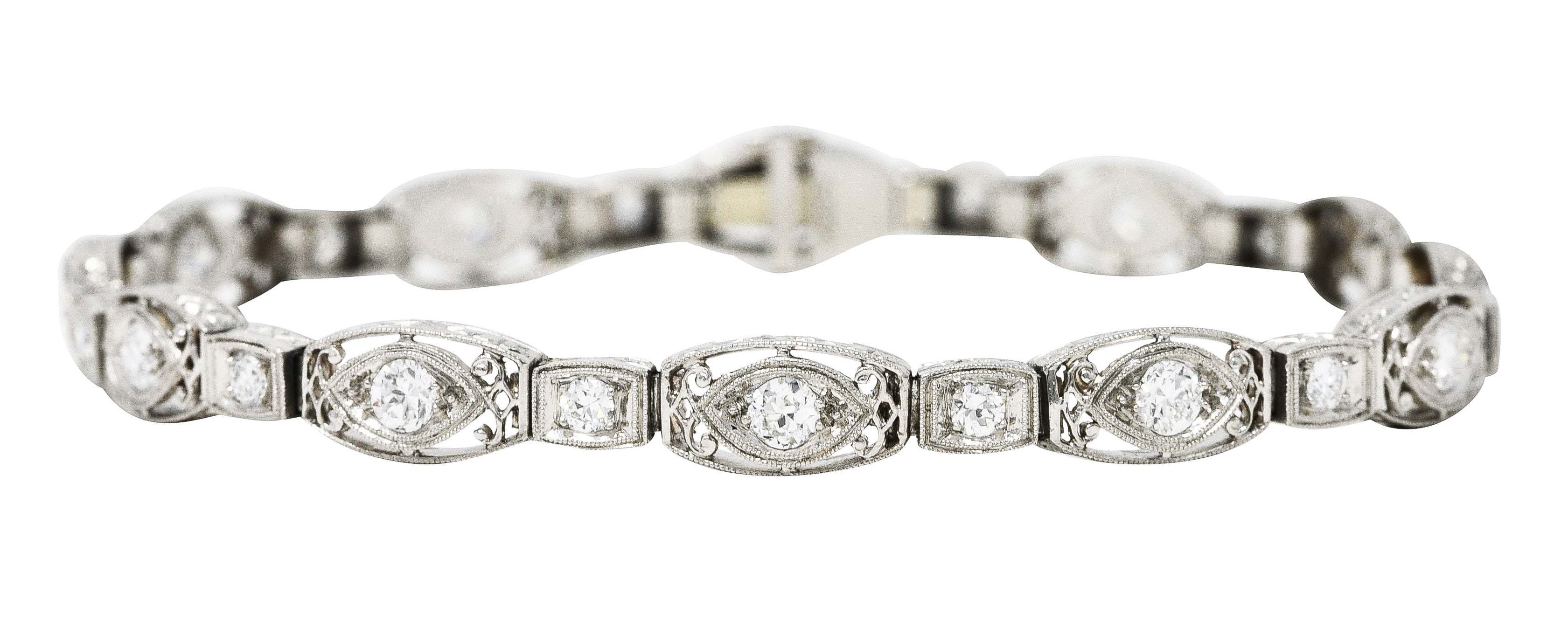 Art Deco 2.25 CTW Diamond Platinum Cushion Link Bracelet Wilson's Estate Jewelry