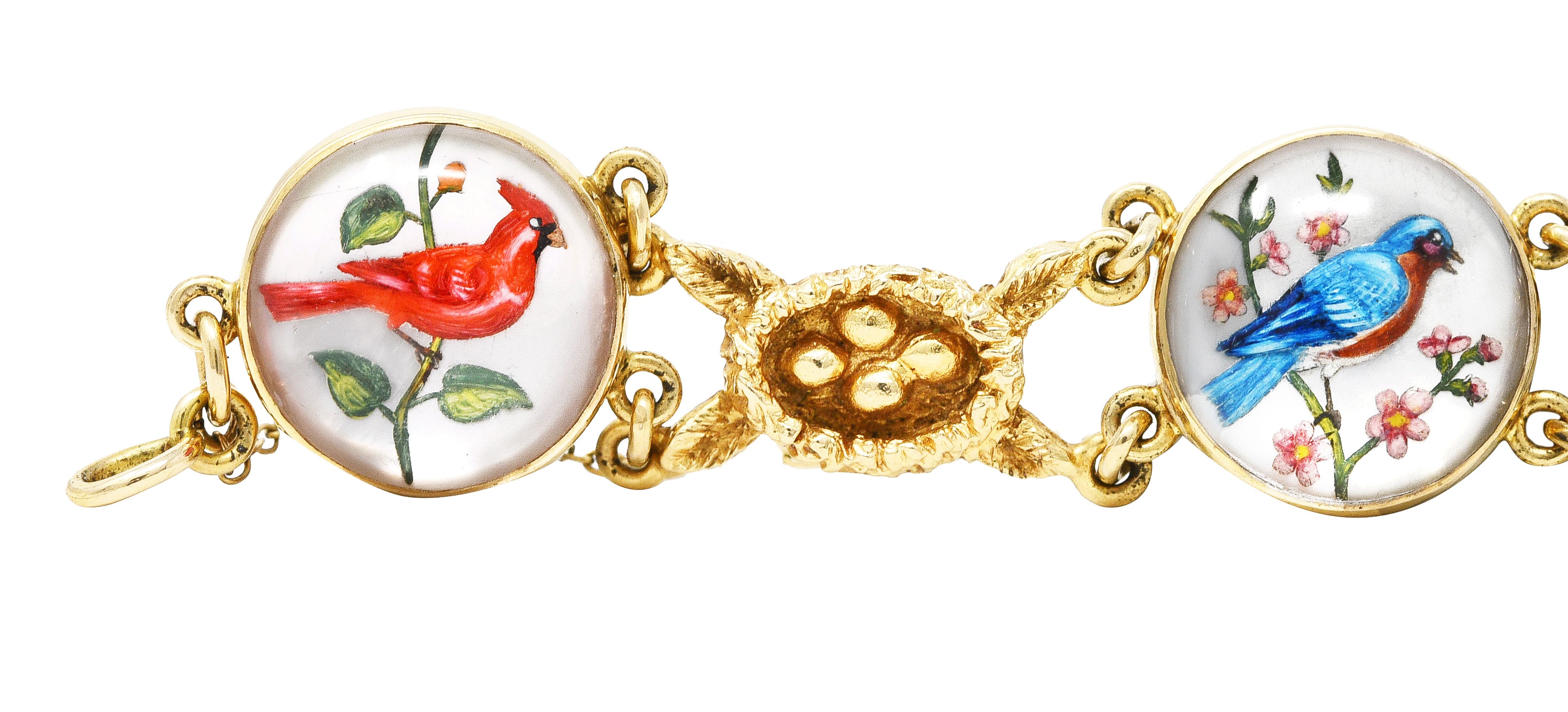 1940’s Essex Crystal Quartz 14 Karat Yellow Gold Bird Themed Antique Link Bracelet Wilson's Estate Jewelry