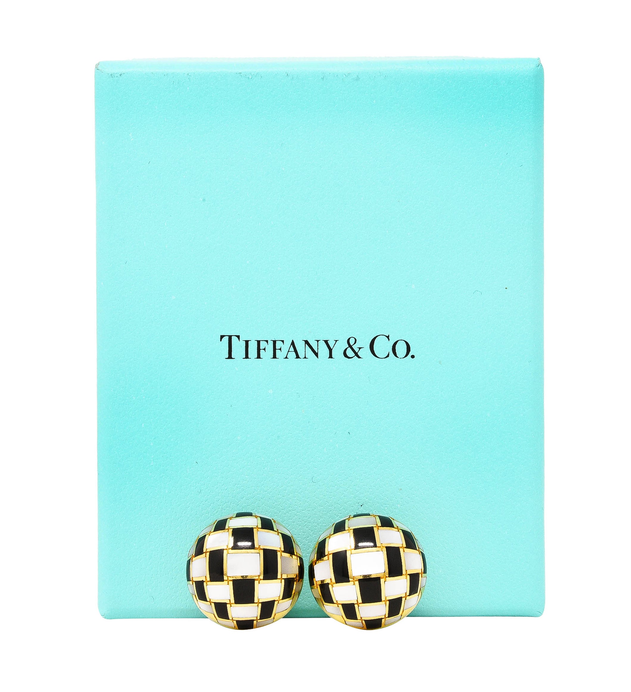 Tiffany Vintage Mother-Of-Pearl Black Jade 18 Karat Gold Checkerboard Earrings Wilson's Antique & Estate Jewelry